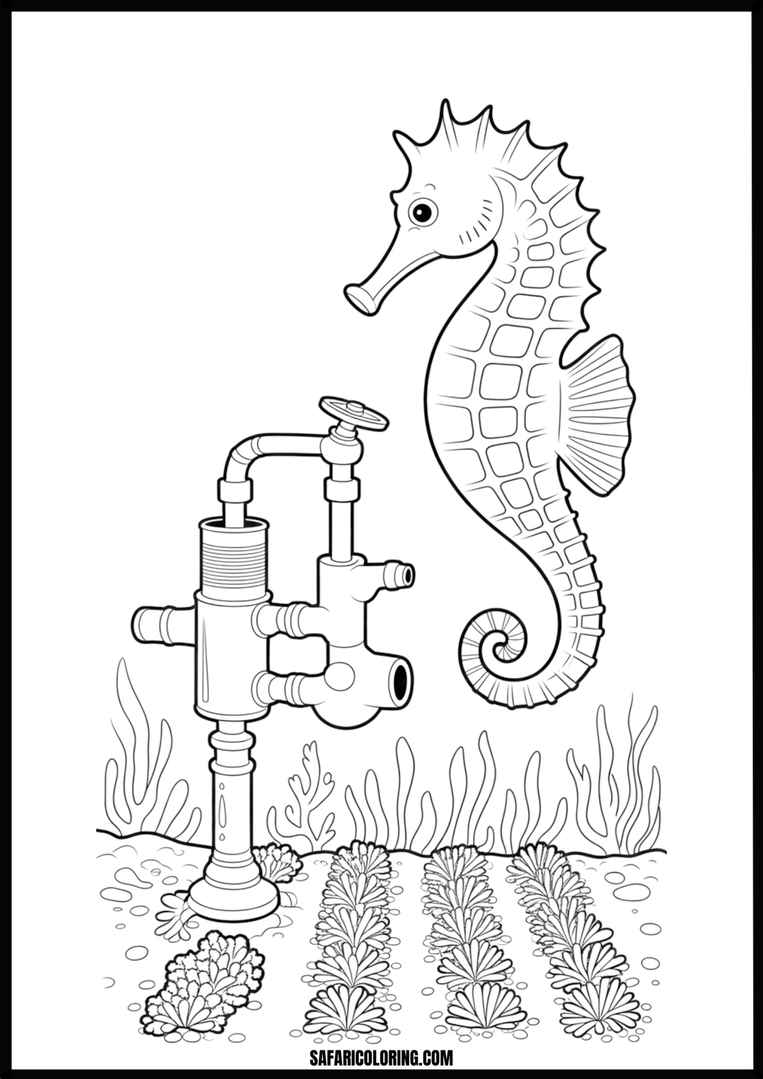 Printable Seahorse in Pipe Structure Coloring page of a seahorse in an underwater pipe structure with plants.