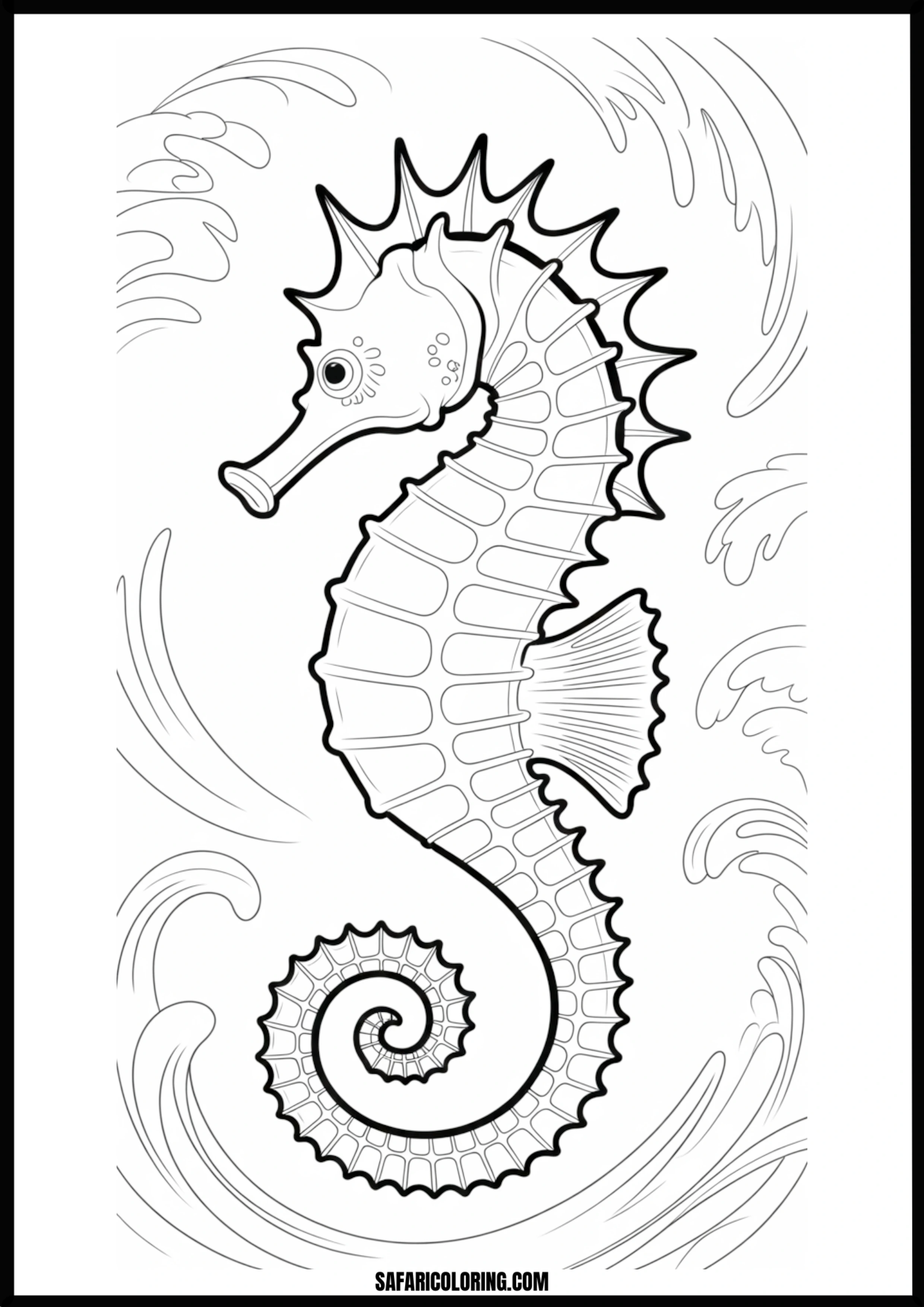 Printable Seahorse with Waves Coloring page of a seahorse swimming amidst waves.