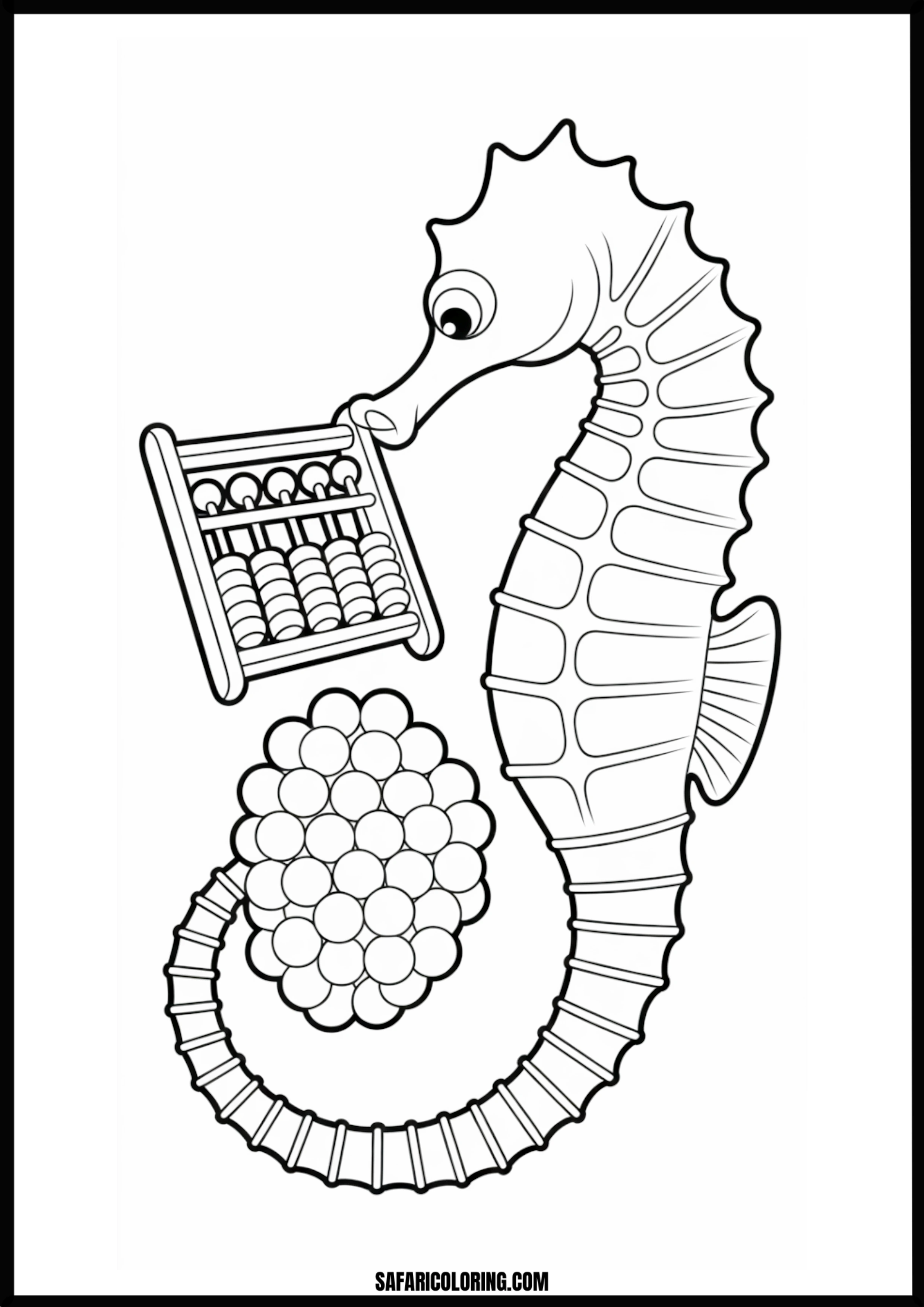 Printable Seahorse with Abacus and Grapes Coloring page of a seahorse with an abacus and grapes.