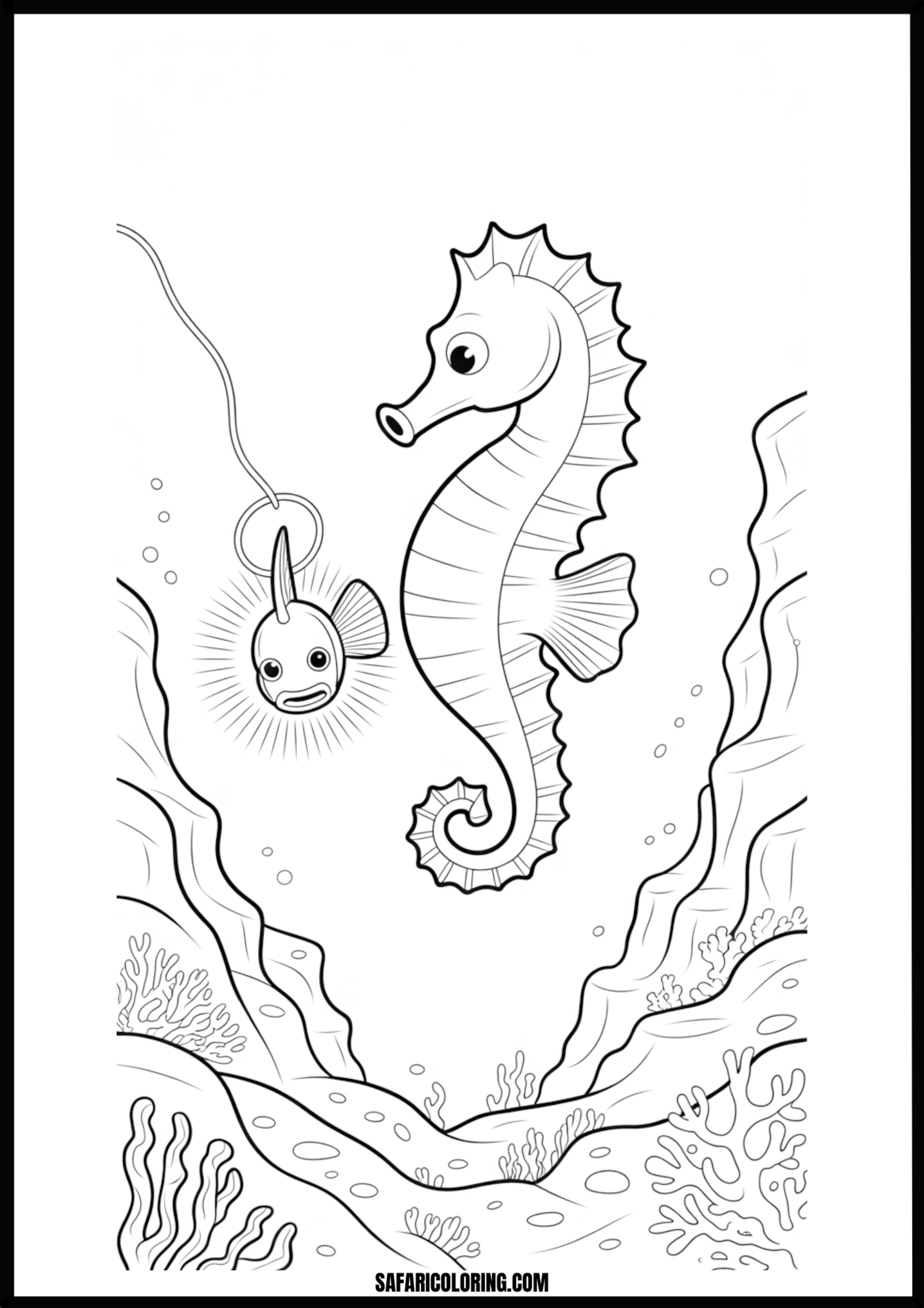 Printable Seahorse with Glowing Lure Coloring page of a seahorse with a glowing fish lure underwater.