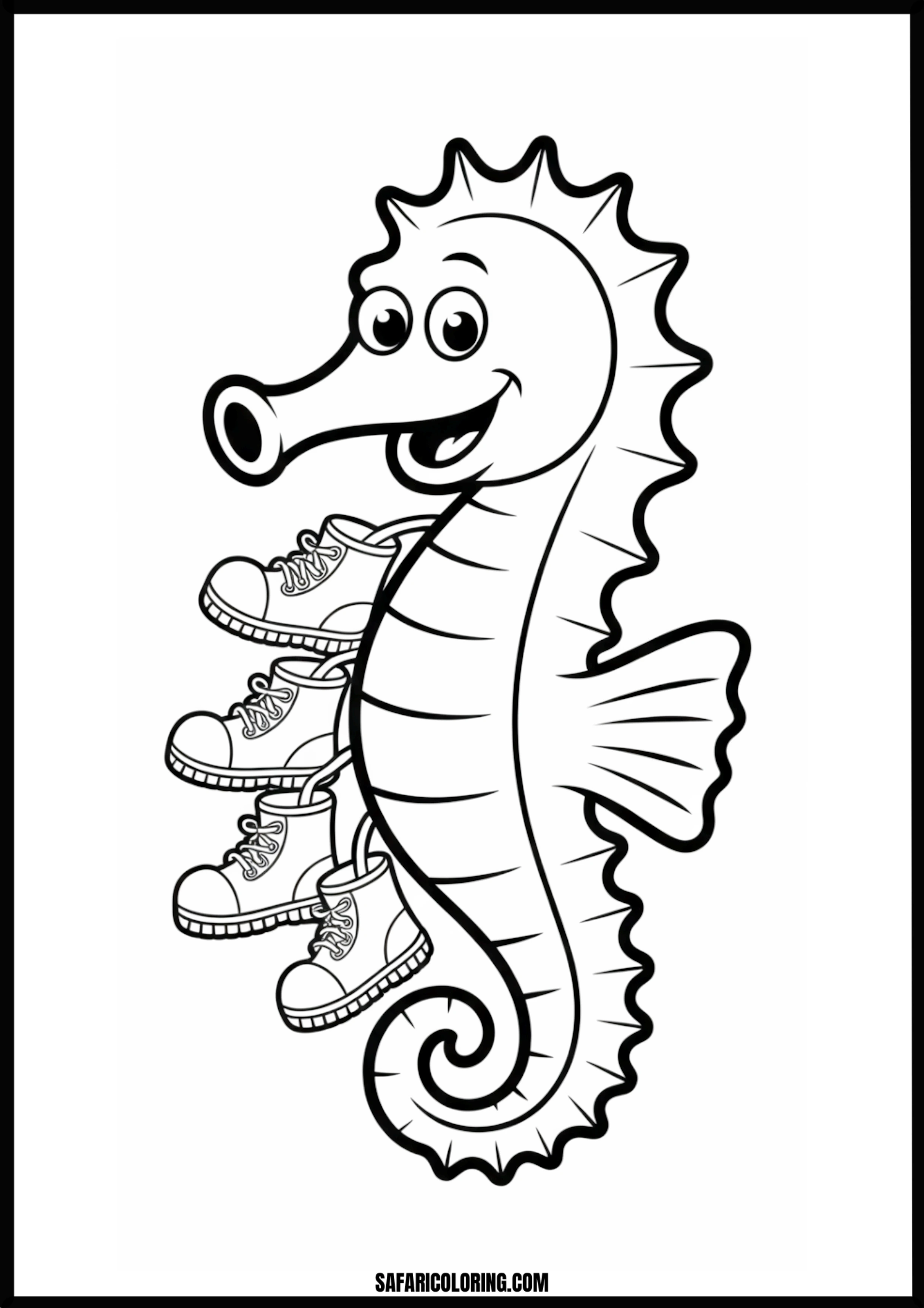 Printable Fashionable Seahorse Coloring page of a seahorse wearing three pairs of shoes.