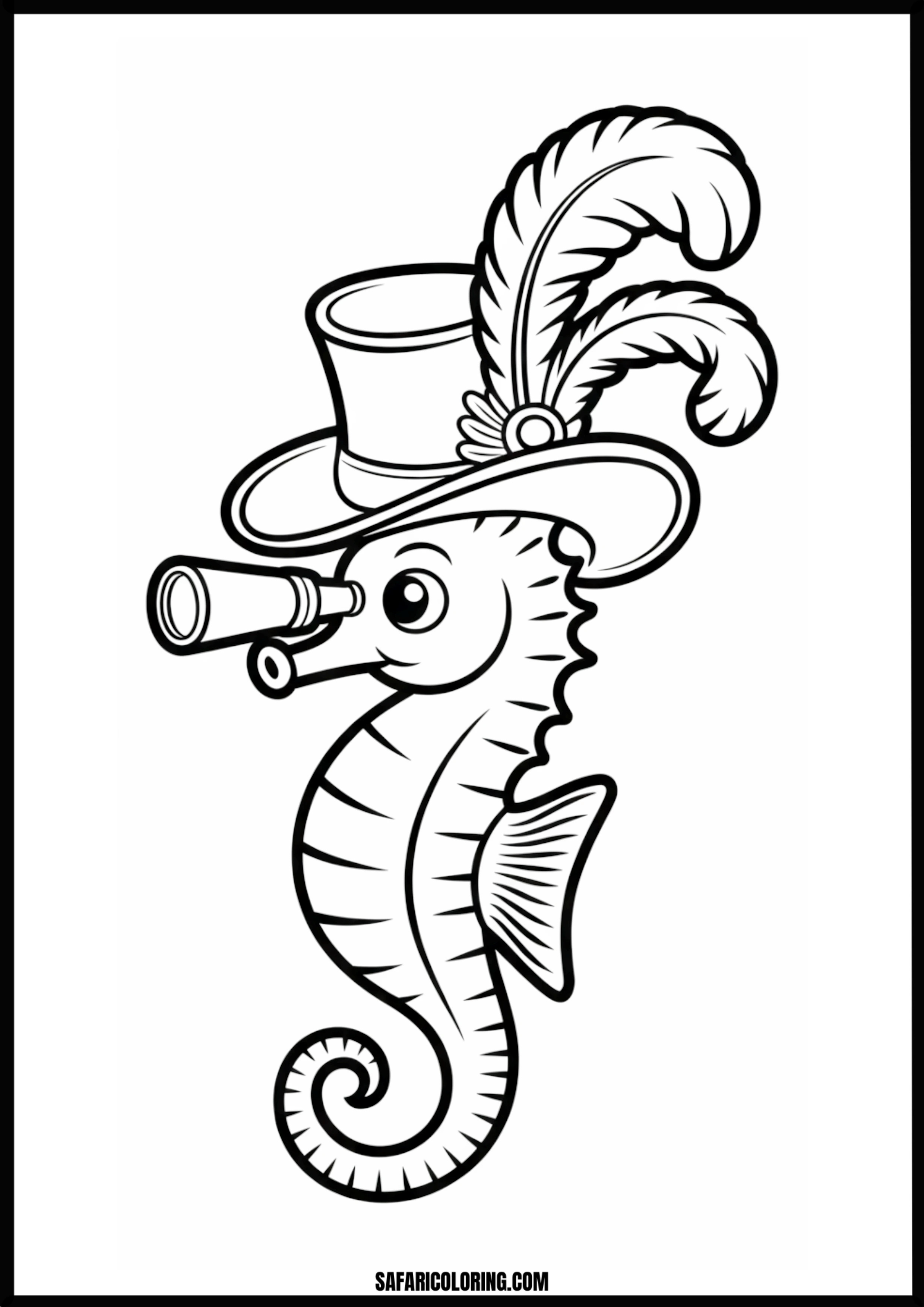 Printable Dapper Seahorse Explorer Coloring page of a seahorse wearing a top hat and holding a spyglass.