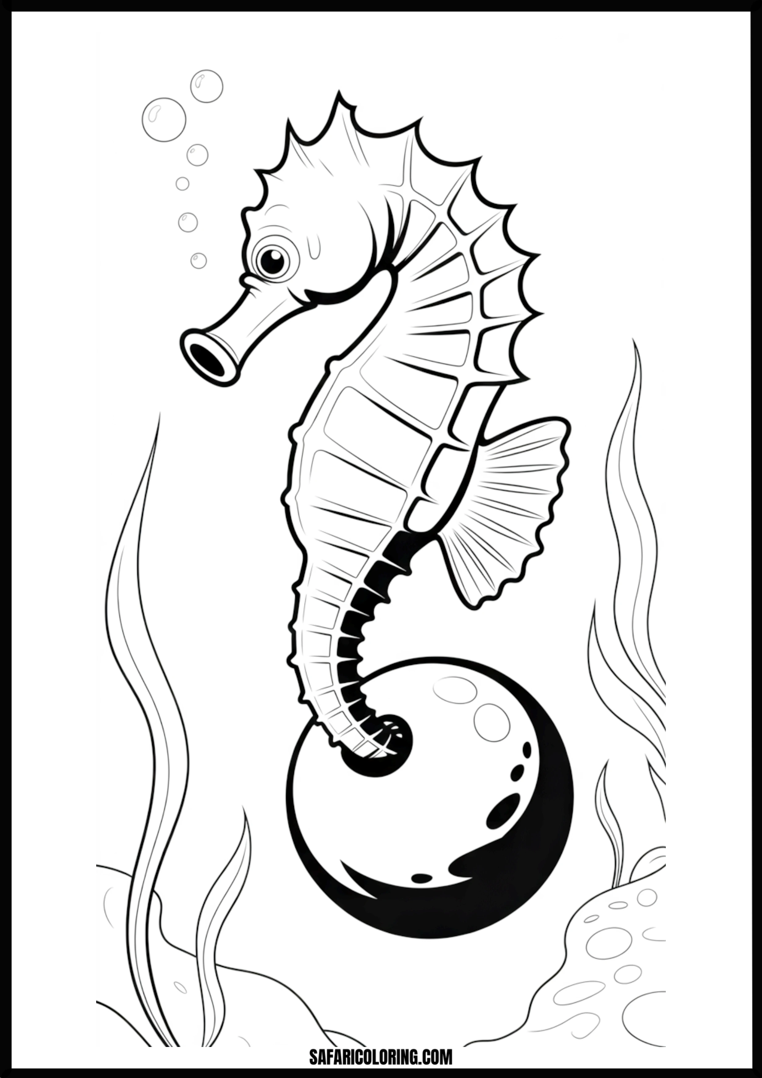 Printable Seahorse and Marine Plants Coloring page of a seahorse surrounded by underwater plants.