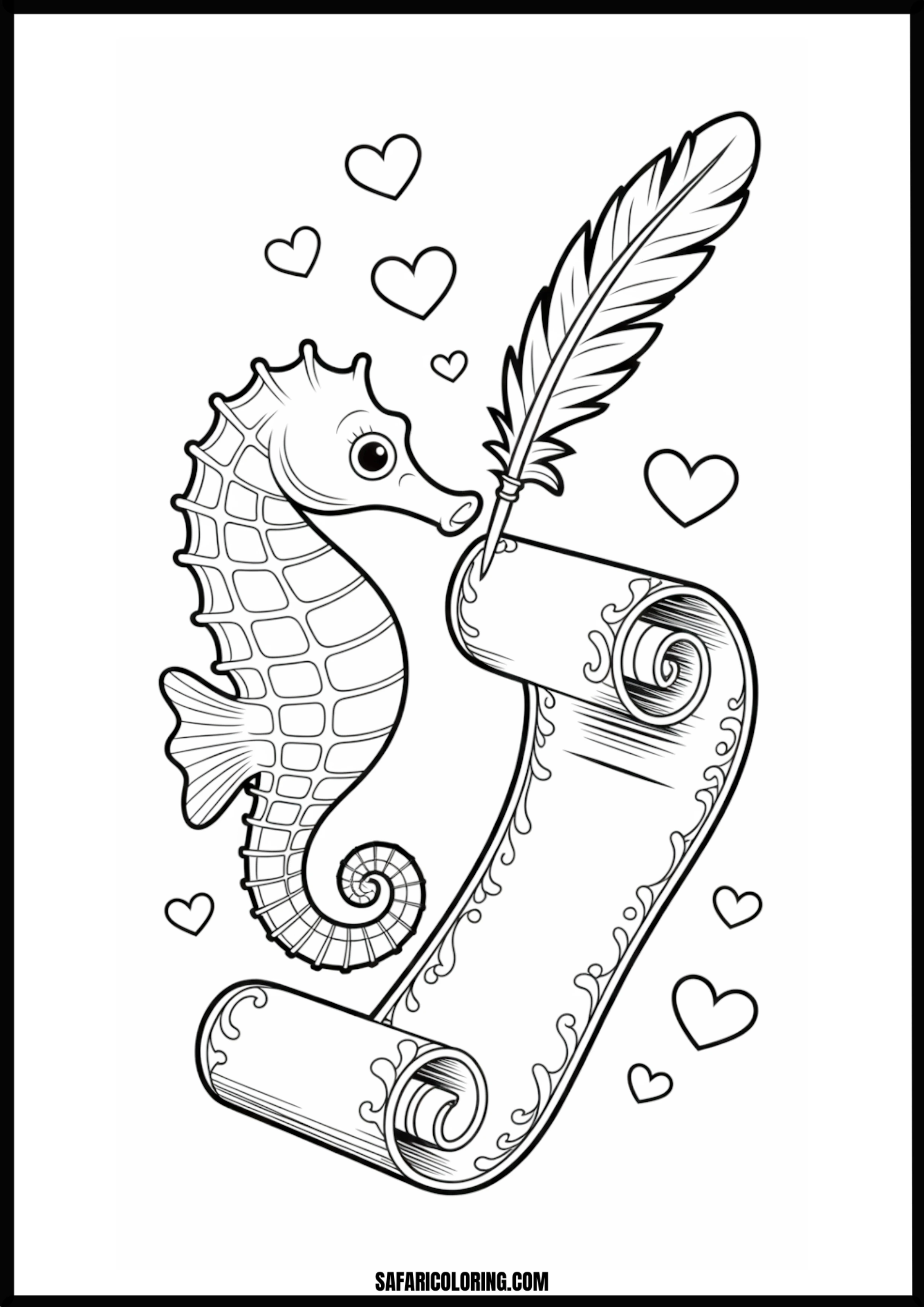 Printable Romantic Seahorse Coloring page of a seahorse writing a love letter on a scroll.