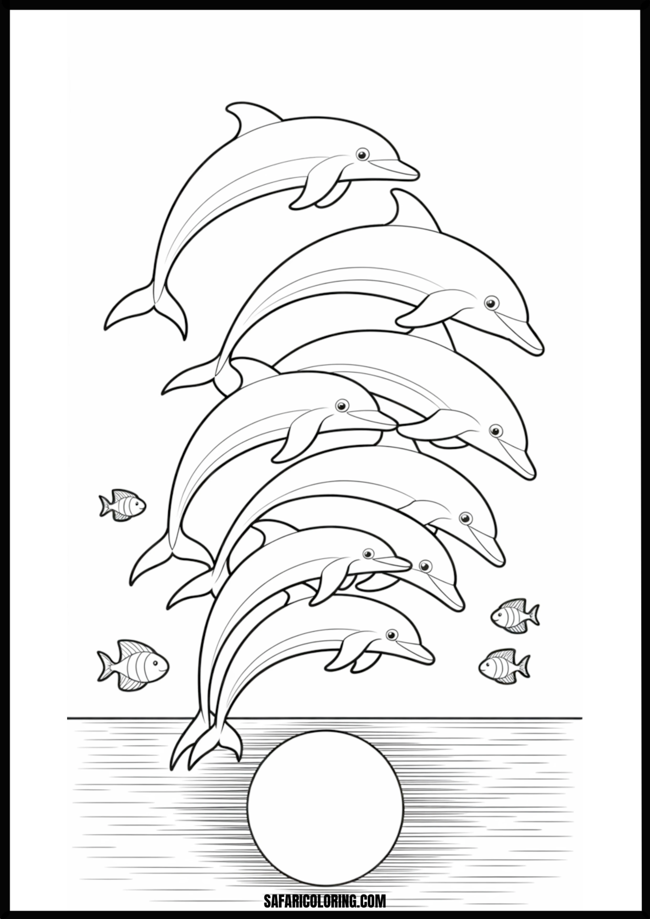 Seven Dolphins Leaping Ocean Coloring Page Coloring page of seven dolphins leaping gracefully from the water.