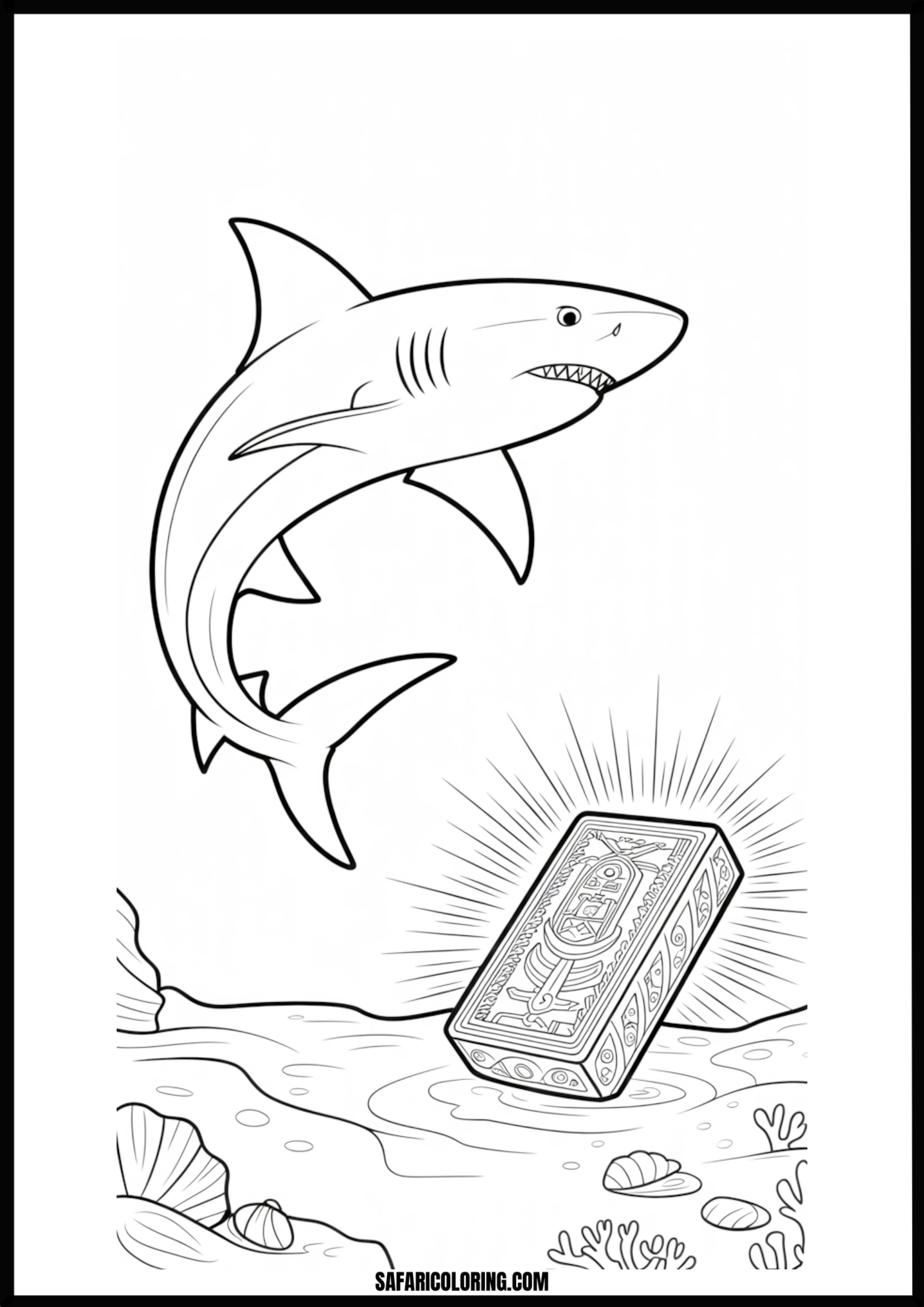 Shark and Glowing Underwater Treasure Coloring Page Shark guarding glowing underwater treasure
