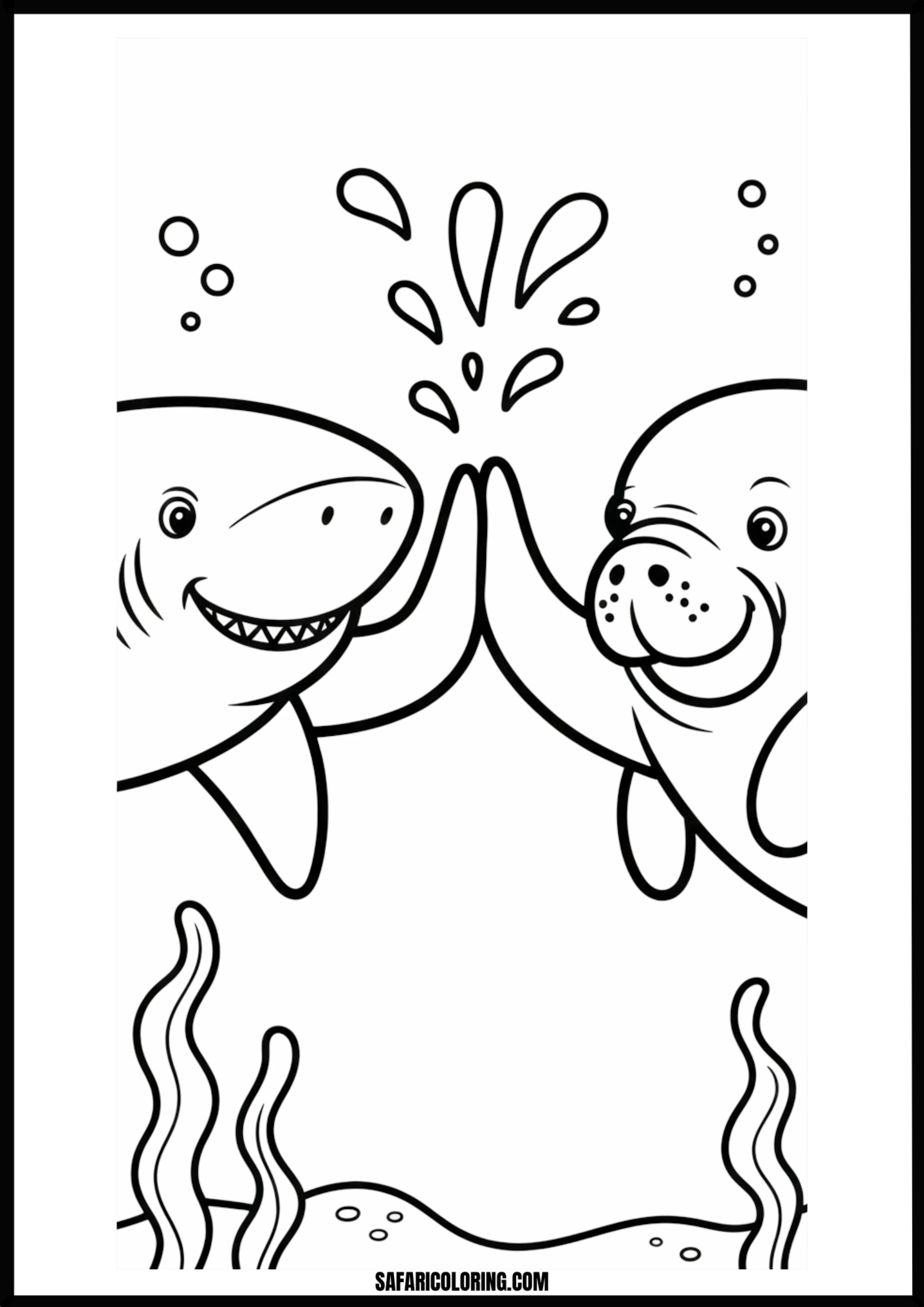 Shark and Manatee High Five Coloring Page Shark and manatee high-fiving underwater