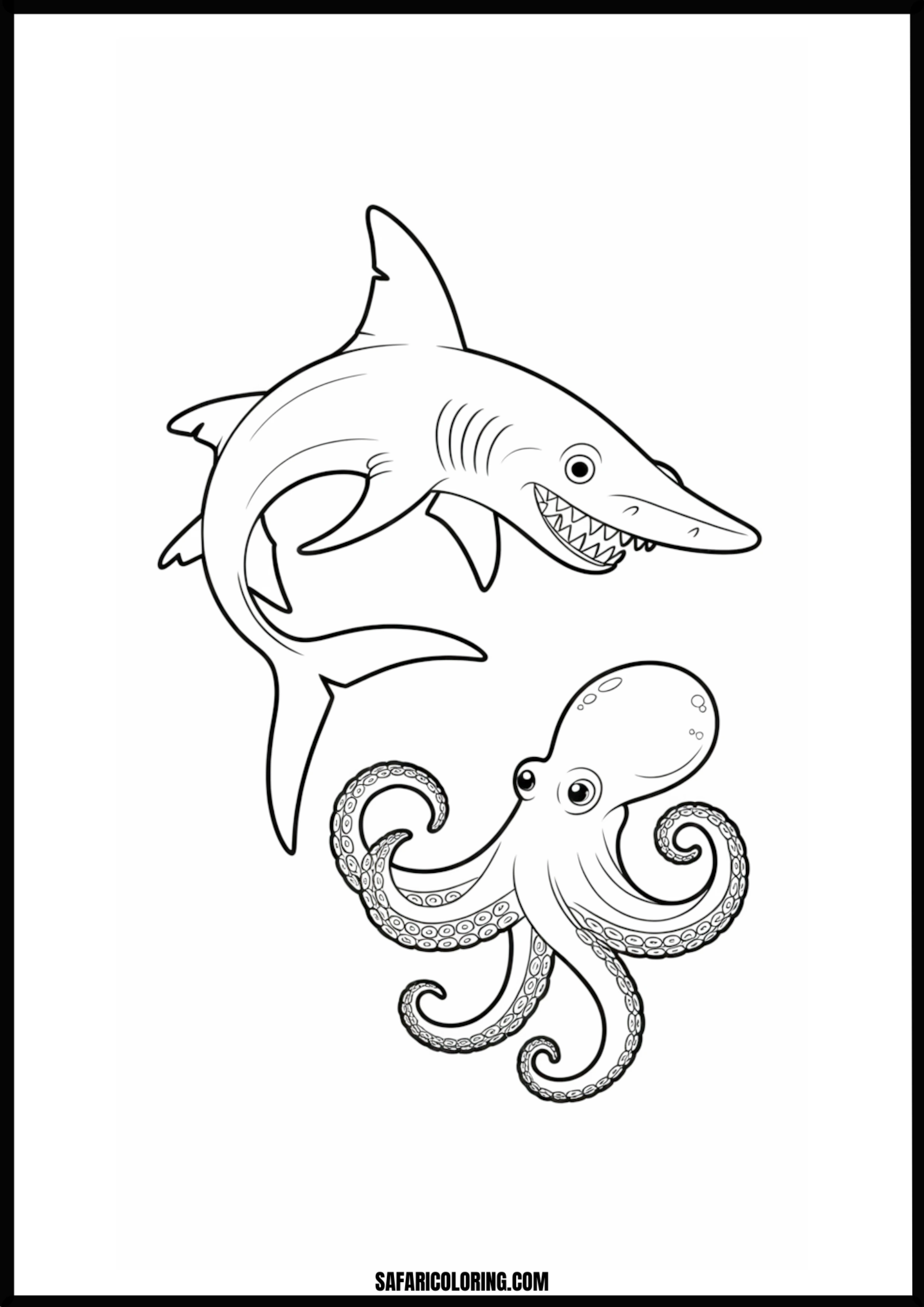 Shark and Octopus Coloring Page Shark and octopus swimming together