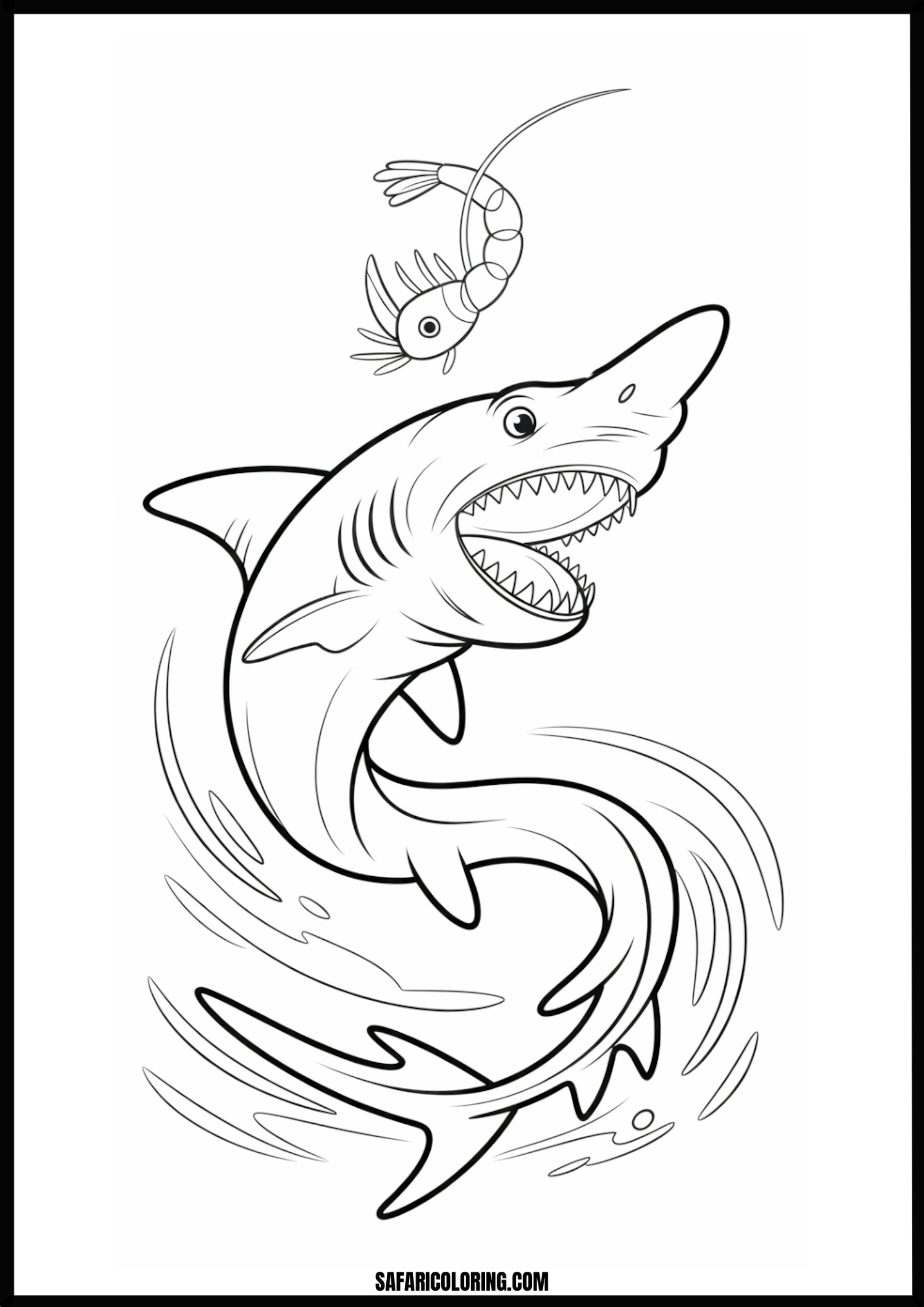 Shark and Shrimp Wide Open Mouth Coloring Page Shark with a wide open mouth near a shrimp
