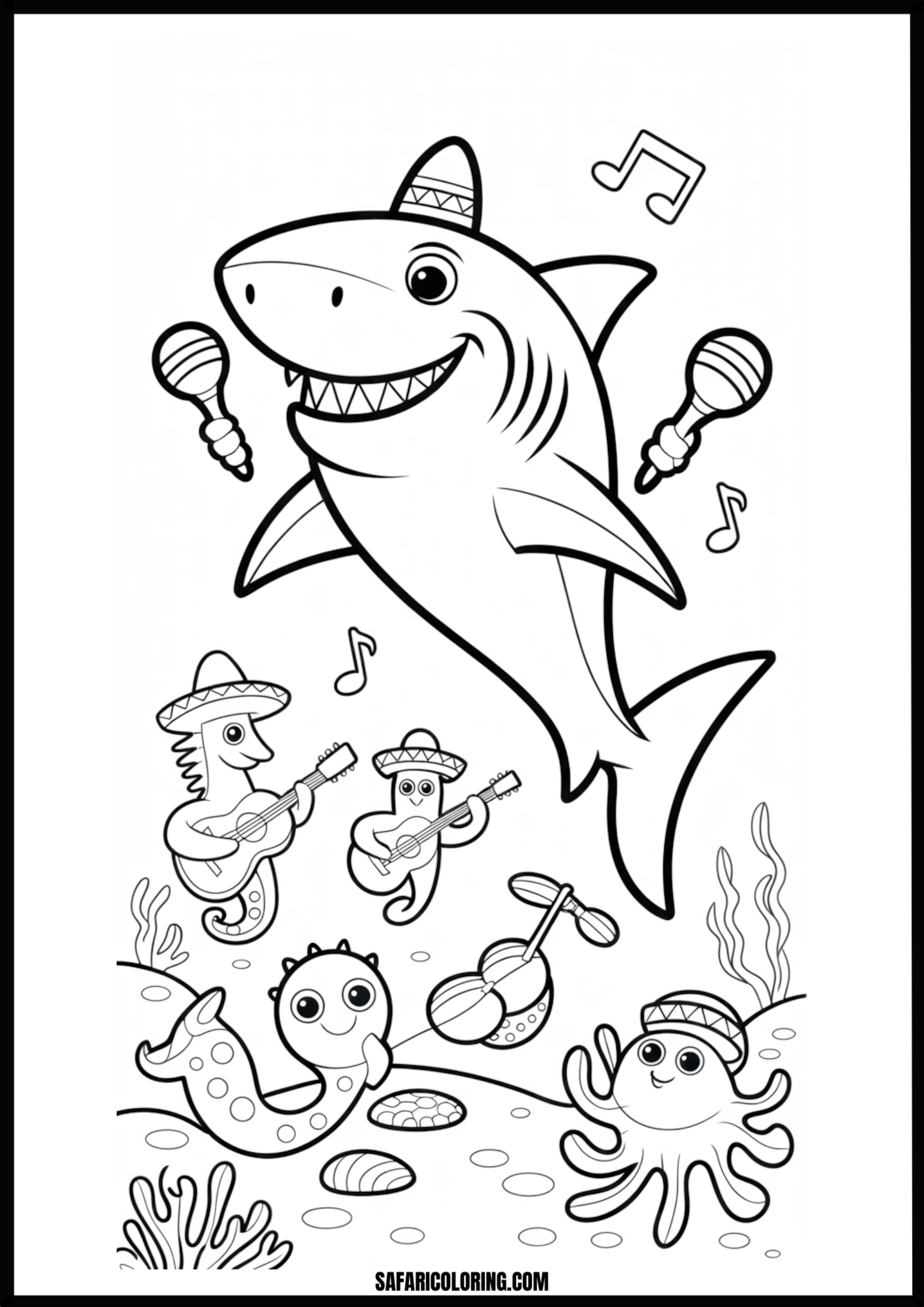 Shark Fiesta with Ocean Friends Coloring Page Shark having a fiesta with ocean friends