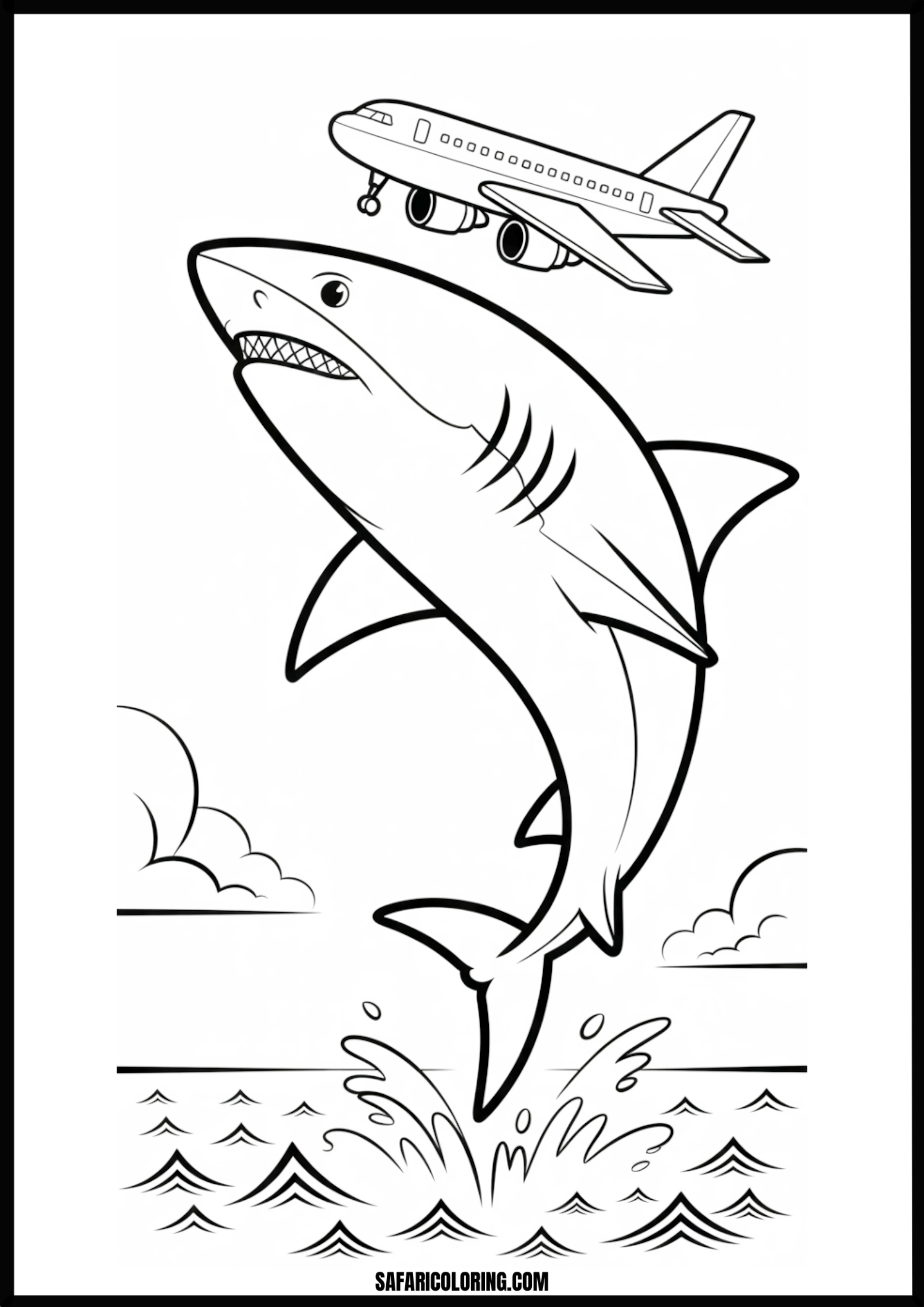Shark Jumps Airplane Flies Above Ocean Coloring Page Shark jumps as an airplane flies above the ocean