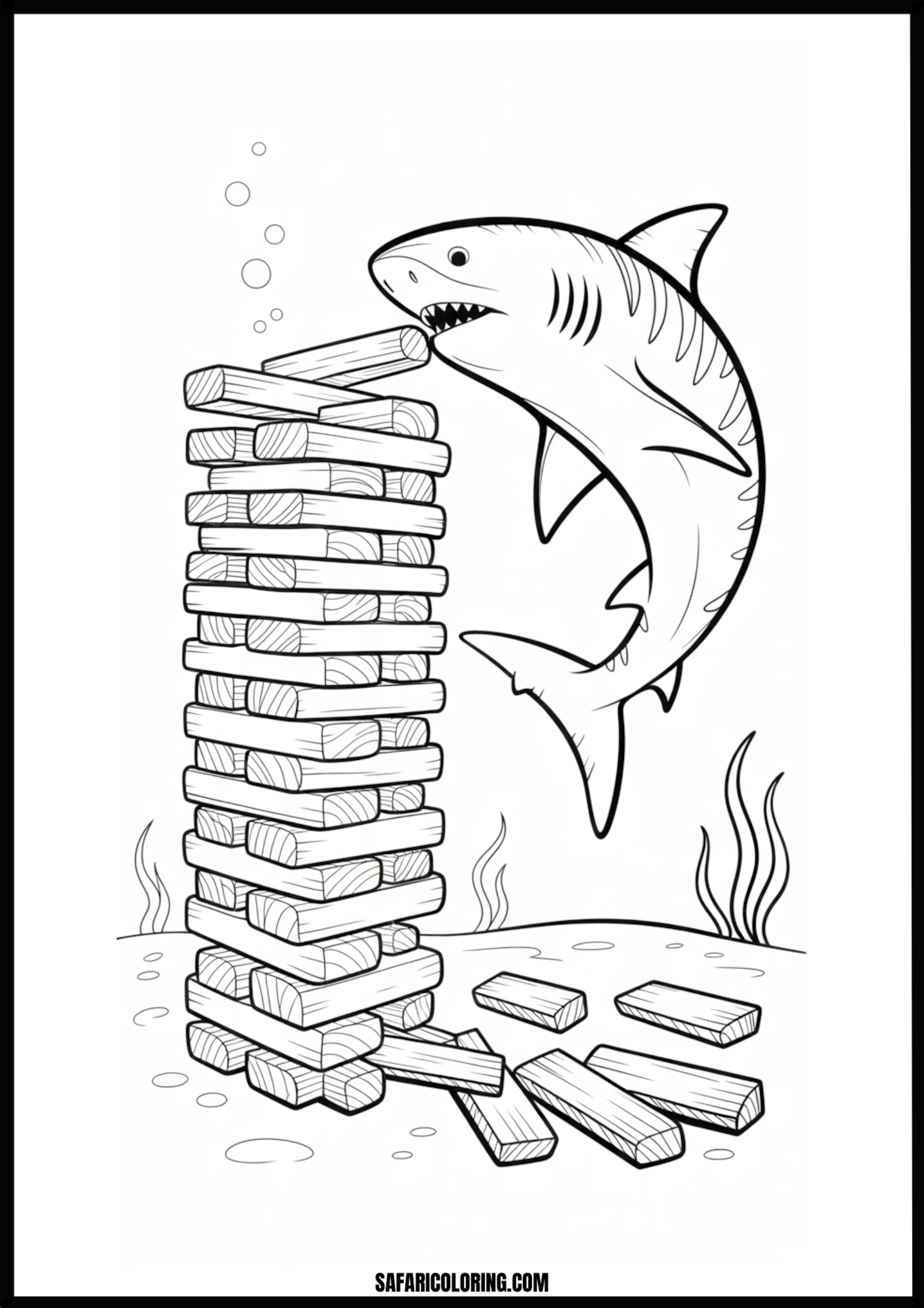 Shark Playing Jenga Underwater Coloring Page Shark playing Jenga underwater