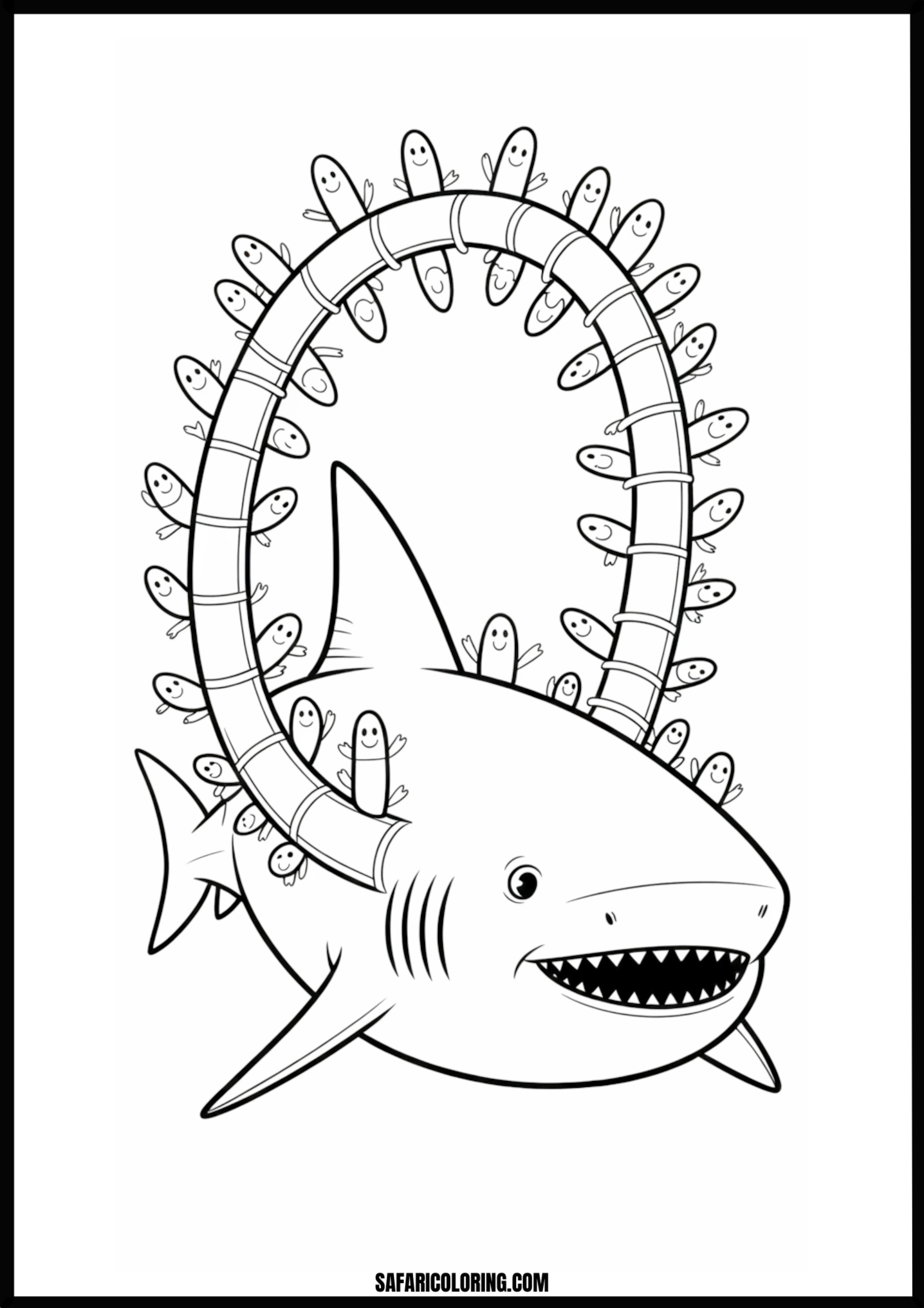 Shark Rollercoaster with Happy Little Creatures Coloring Page Shark rollercoaster with happy little creatures
