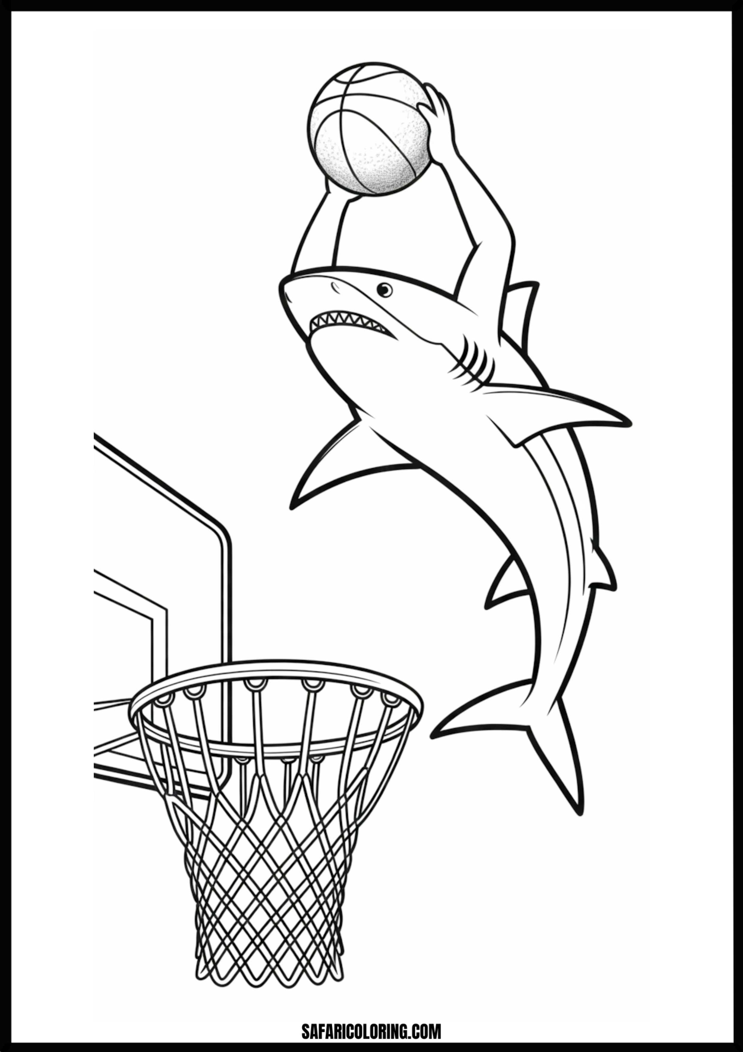 Shark Slam Dunk Coloring Page Shark performing a slam dunk with a basketball