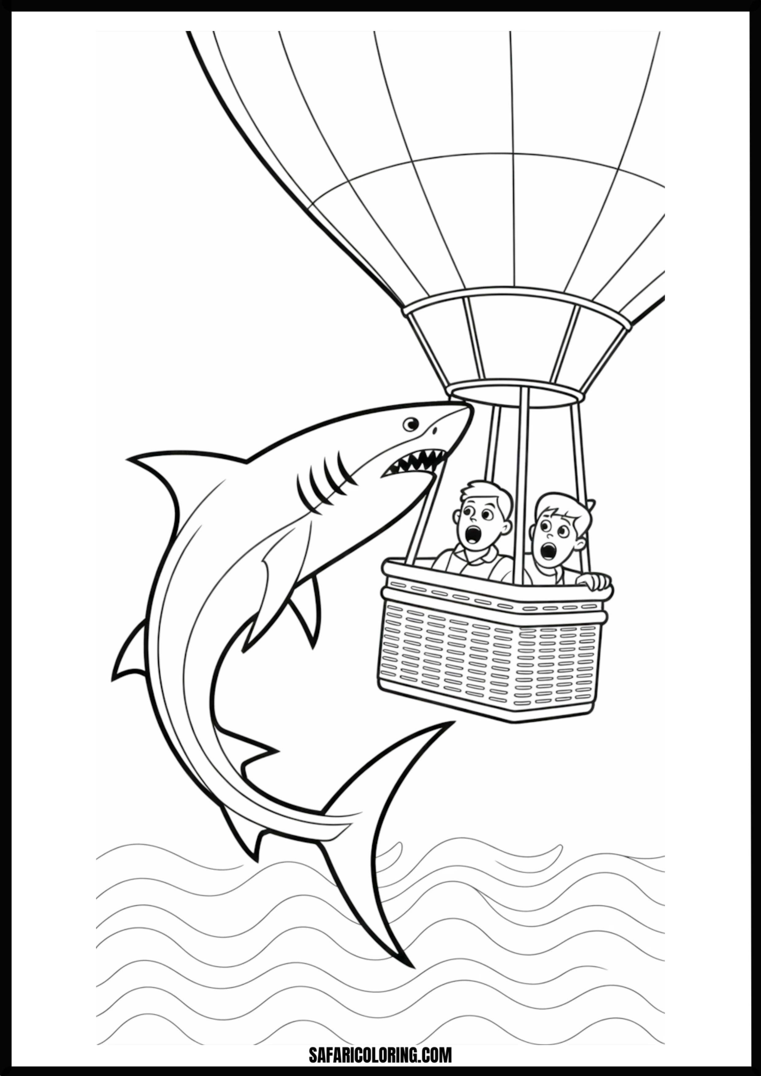 Shark Surprises Hot Air Balloon Riders Coloring Page Shark surprises hot air balloon riders