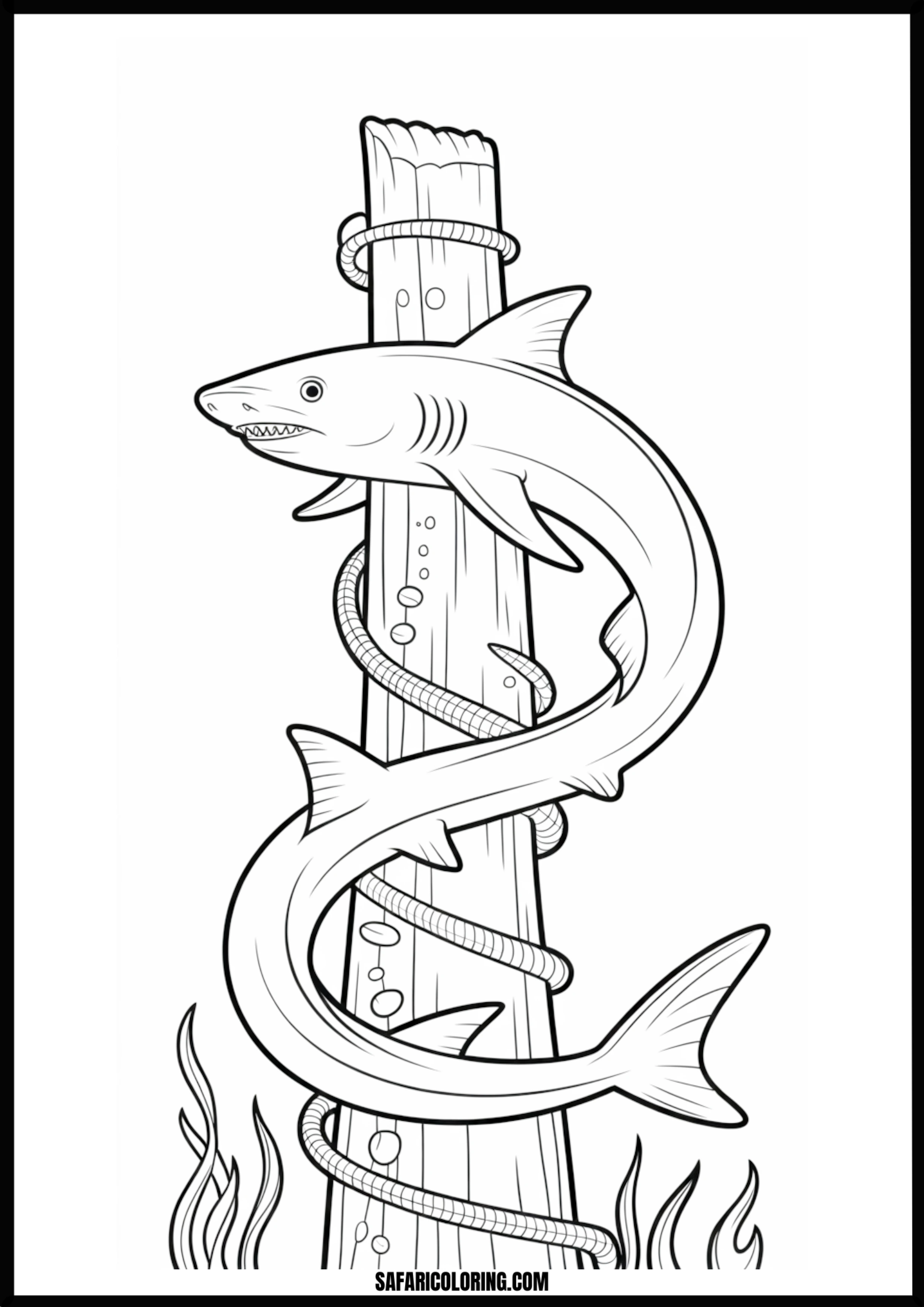 Shark Wrapped Post Outline Coloring Page Shark wrapped around a post outline