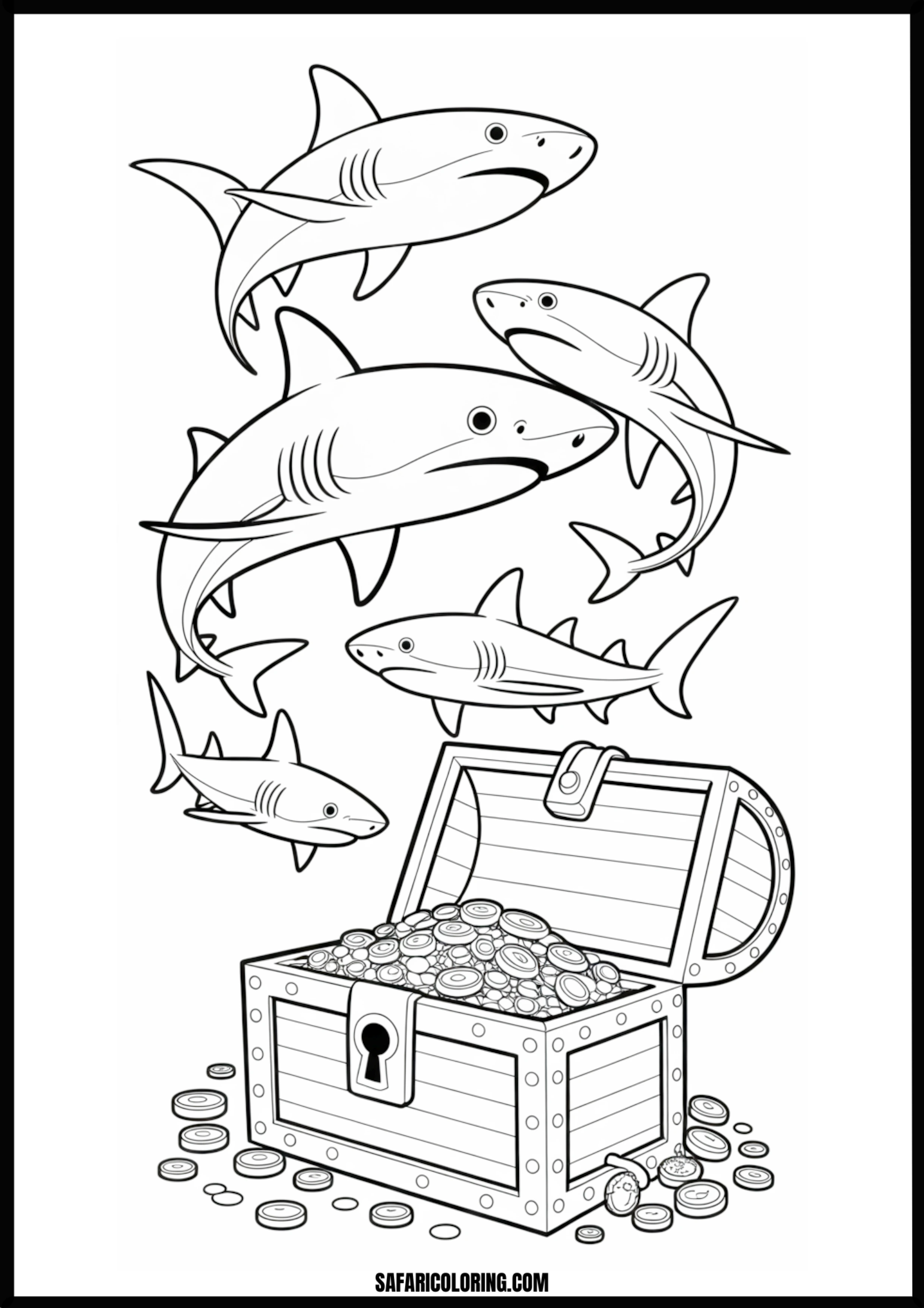 Sharks Over Open Treasure Chest Coloring Page Sharks swimming over an open treasure chest