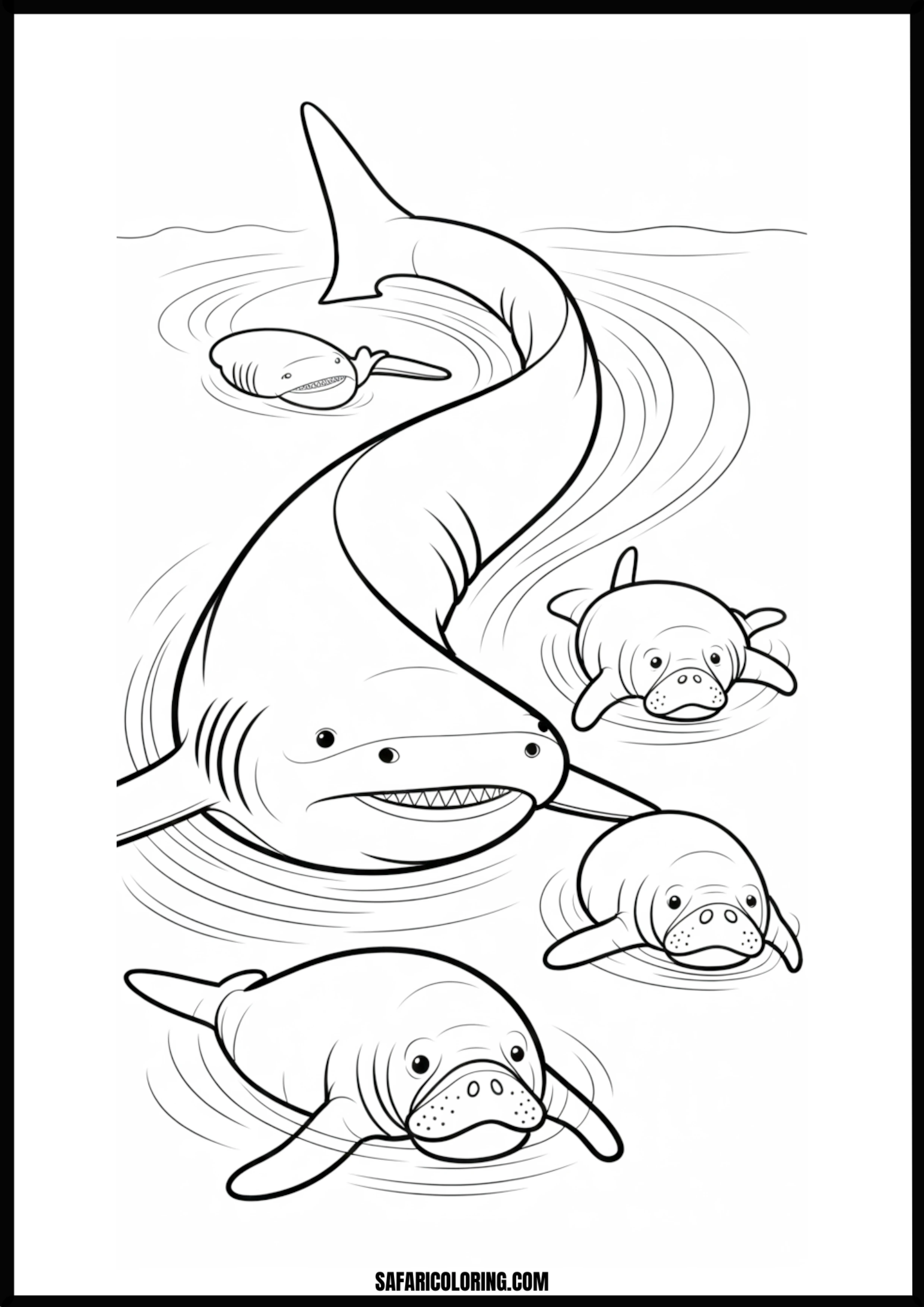 Sharks and Manatees Swimming Coloring Page Sharks and manatees swimming together