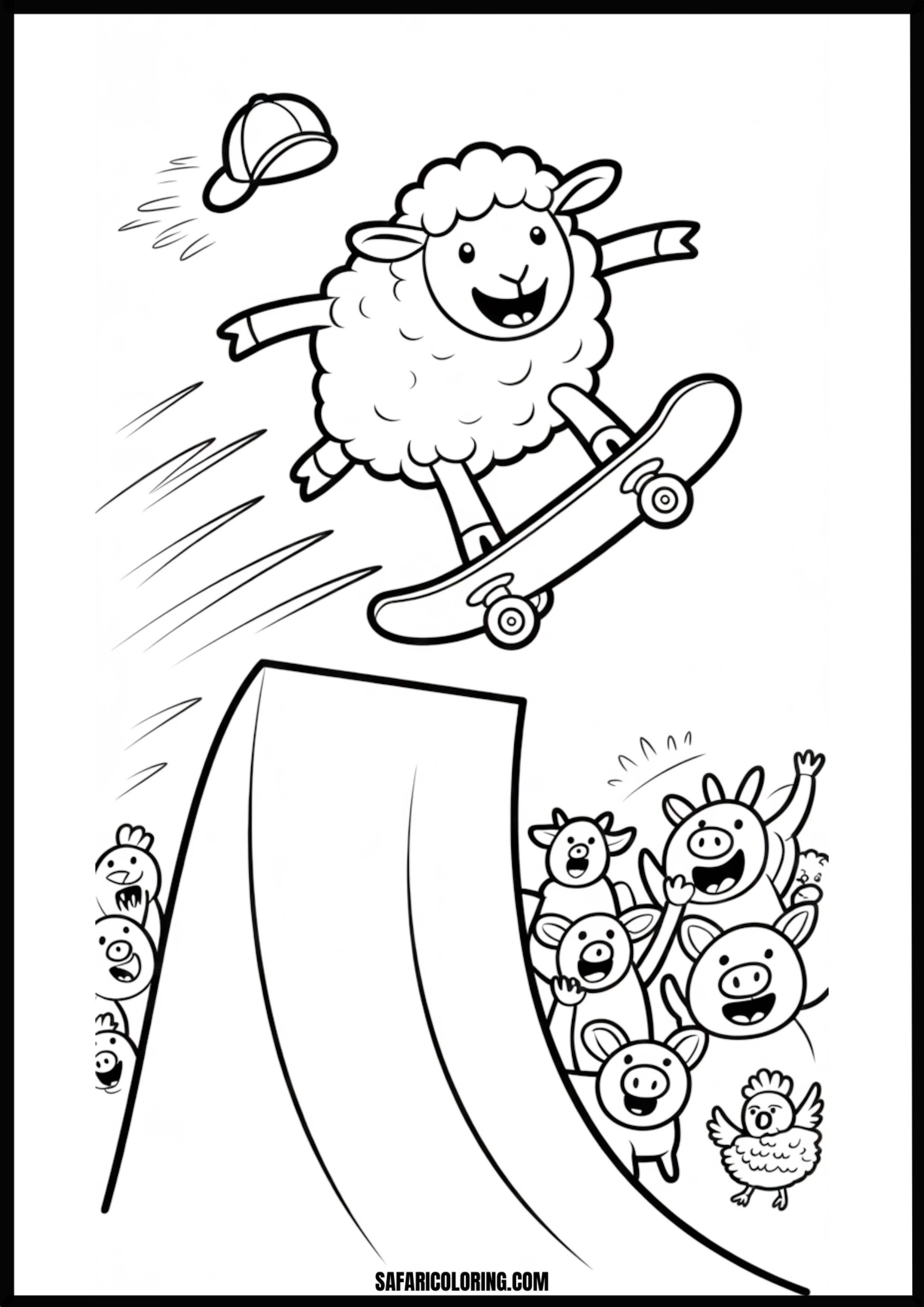 Sheep skateboarder doing tricks for a crowd of farm animals.