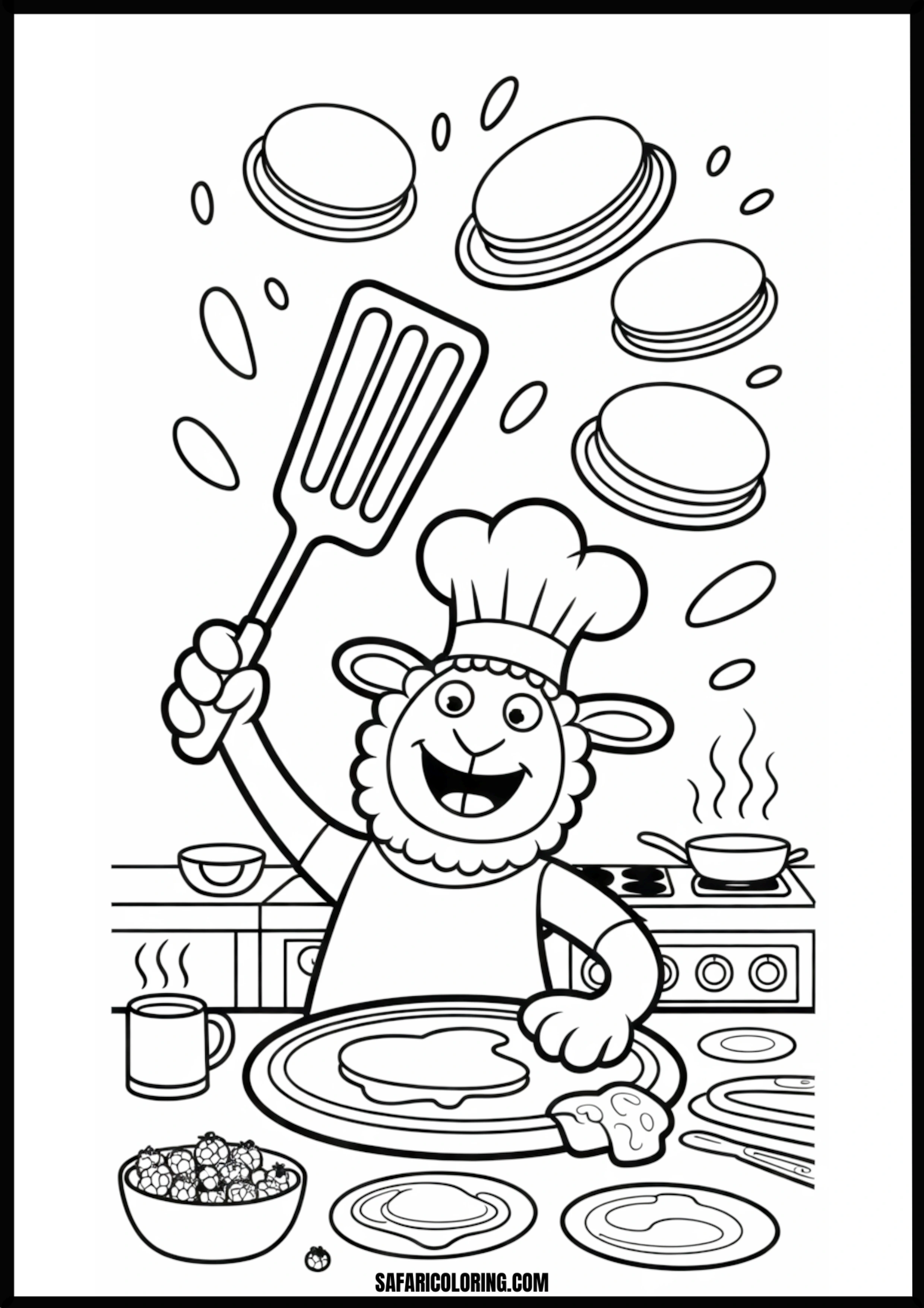 A sheep chef in an apron flipping pancakes that are flying in the air.
