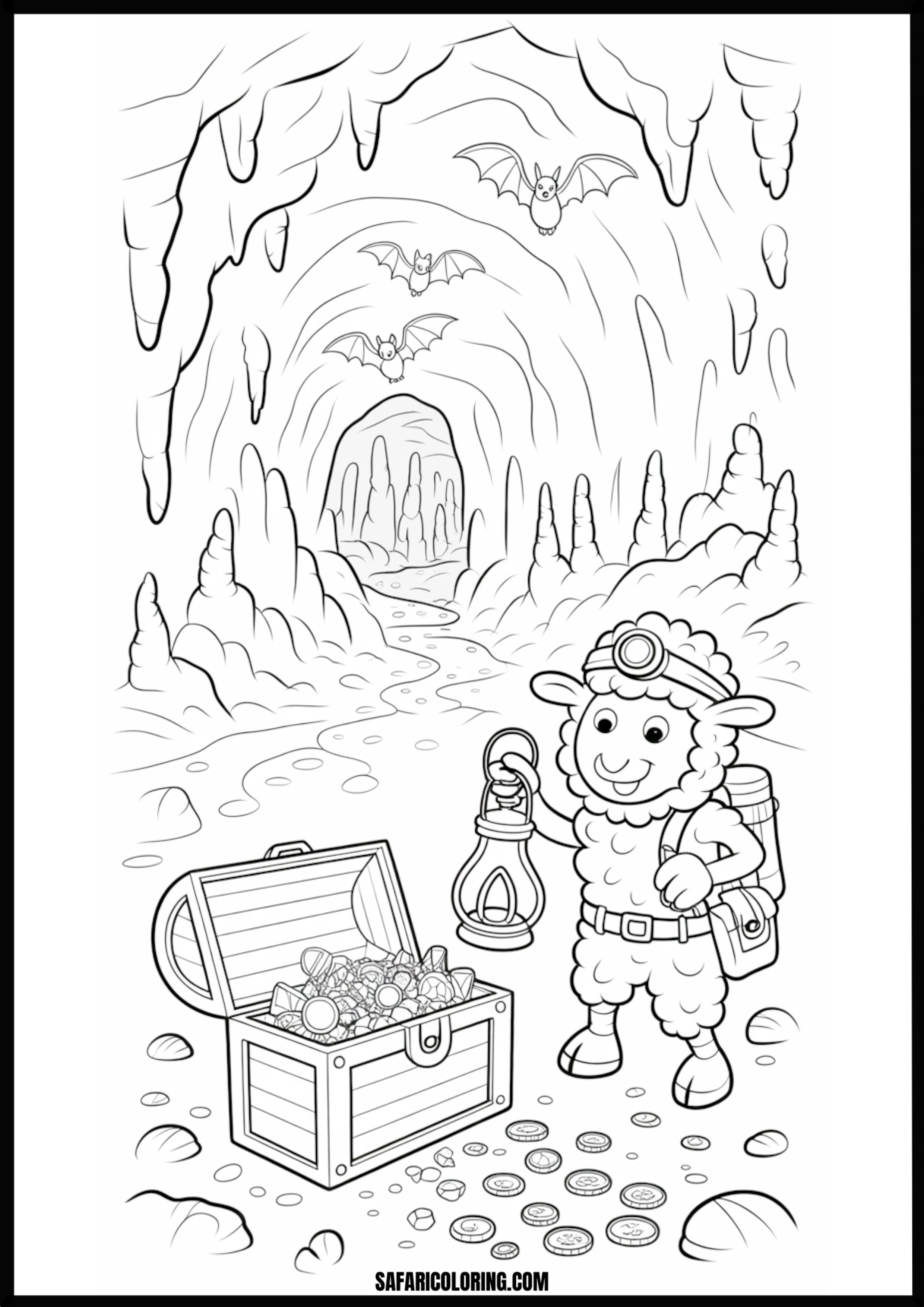 Sheep explorer with a lantern finding treasure in a dark bat cave.