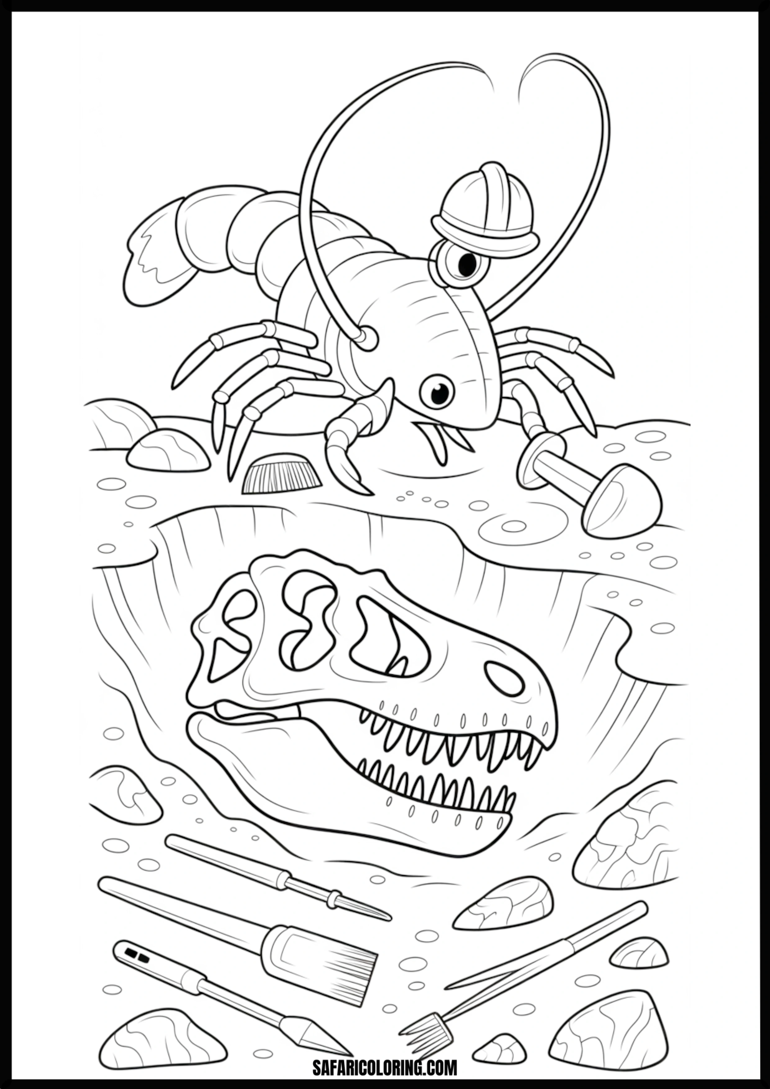 Color the Shrimp Paleontologist A shrimp paleontologist excavating a dinosaur skull.