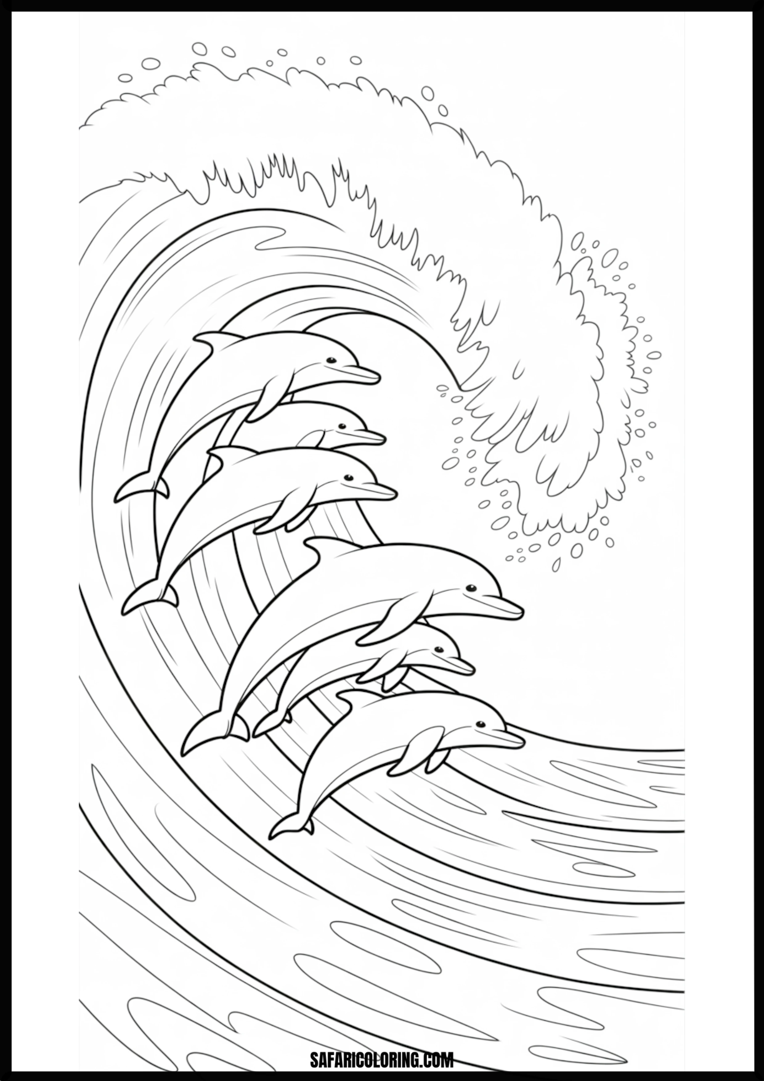 Six Dolphins Riding Ocean Wave Coloring Page Six dolphins riding an ocean wave together