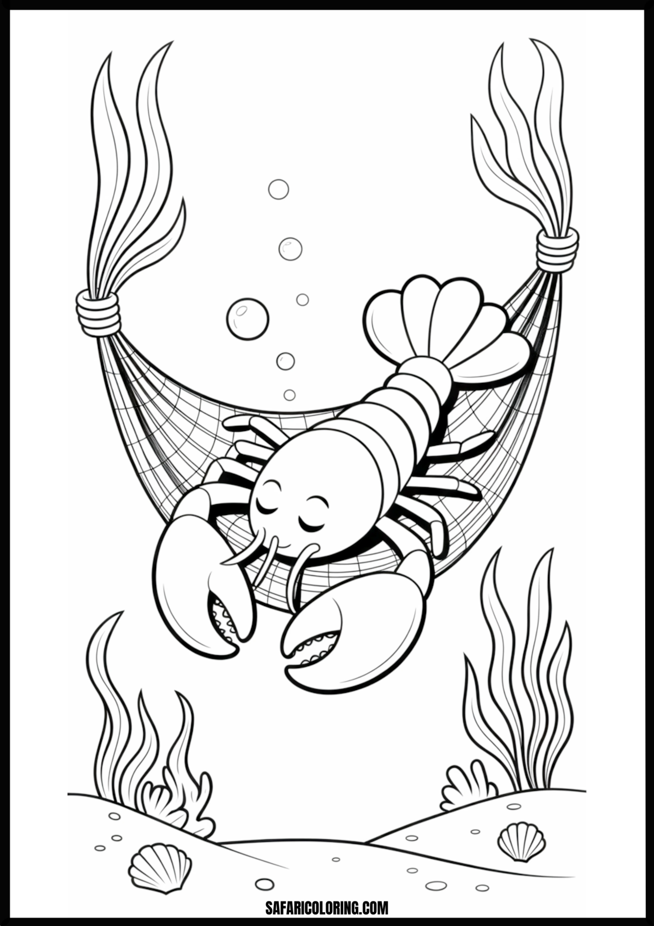 Color the Sleeping Lobster in Hammock A sleeping lobster in an underwater net hammock.