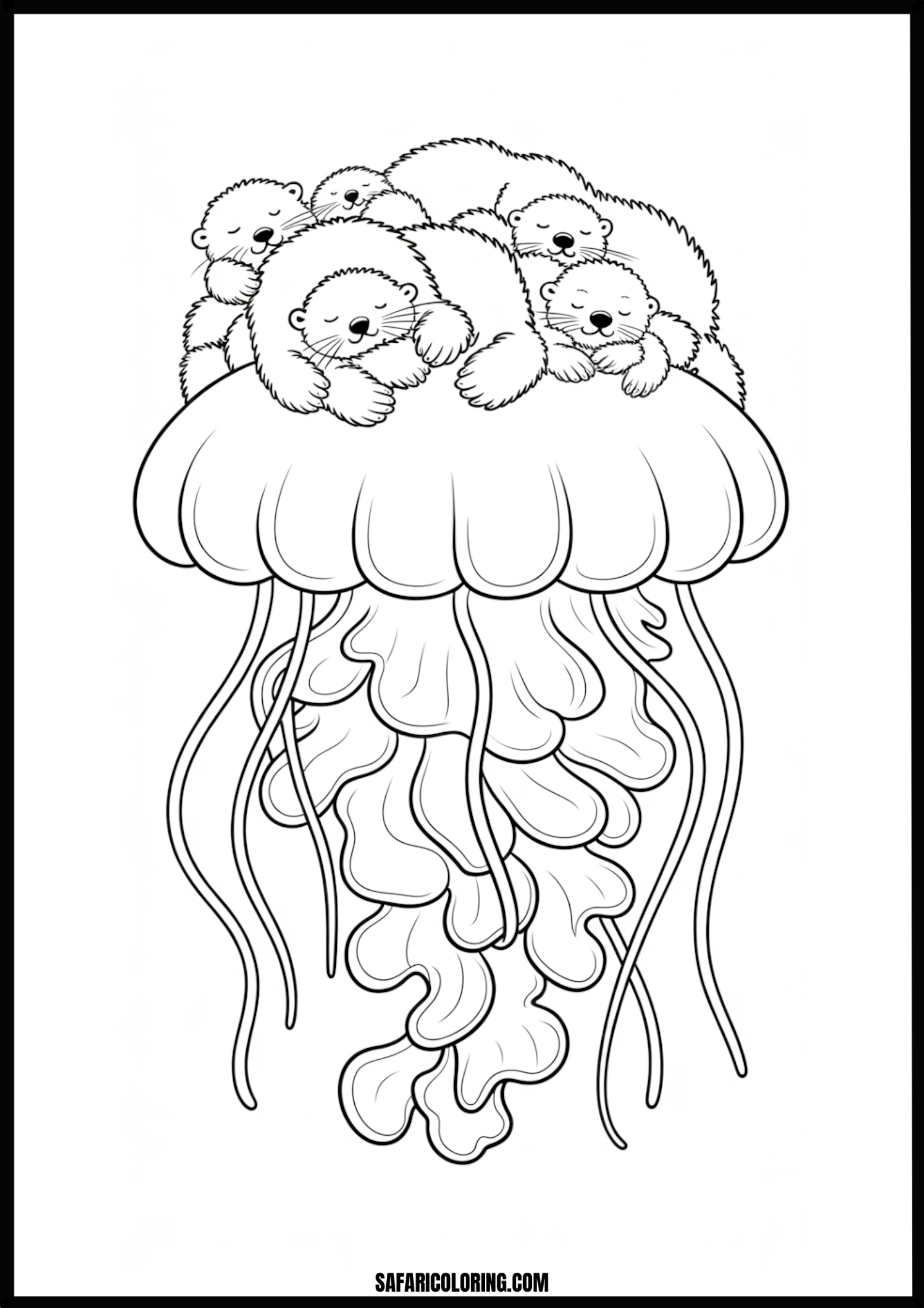 Sleeping Otters on a Jellyfish Coloring Page Adorable sleeping otters floating on a large jellyfish.