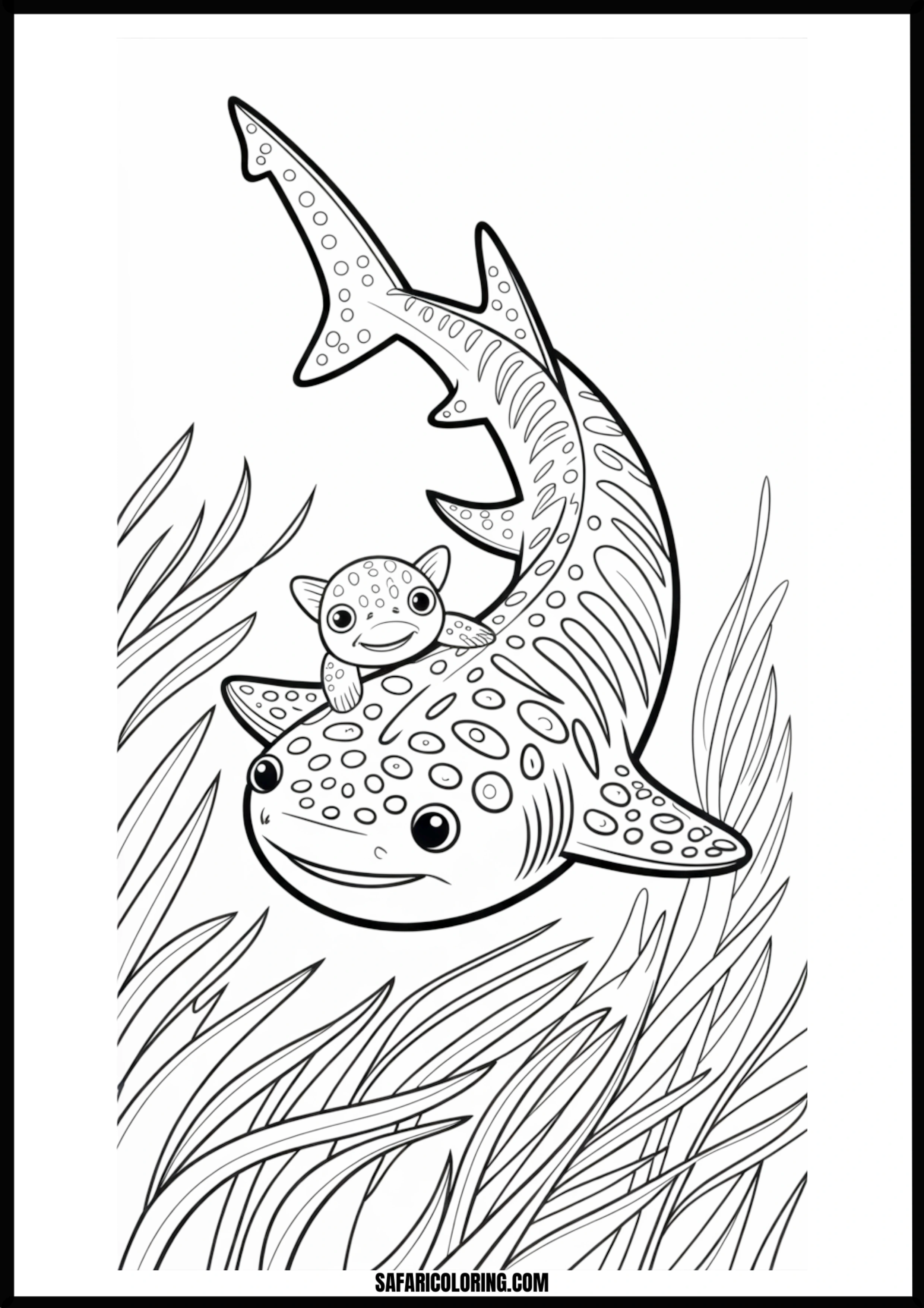 Small Fish Riding Happy Shark Coloring Page Small fish riding a happy shark