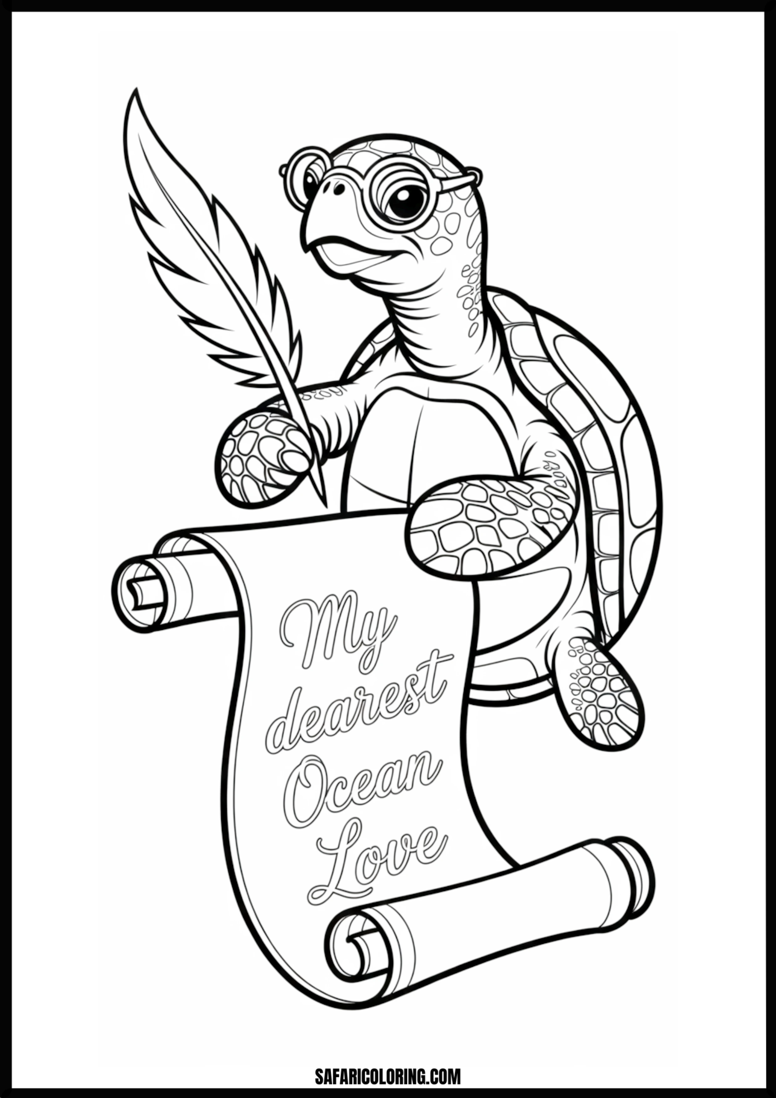 Romantic Turtle Scribe Smart turtle writing an ocean love letter