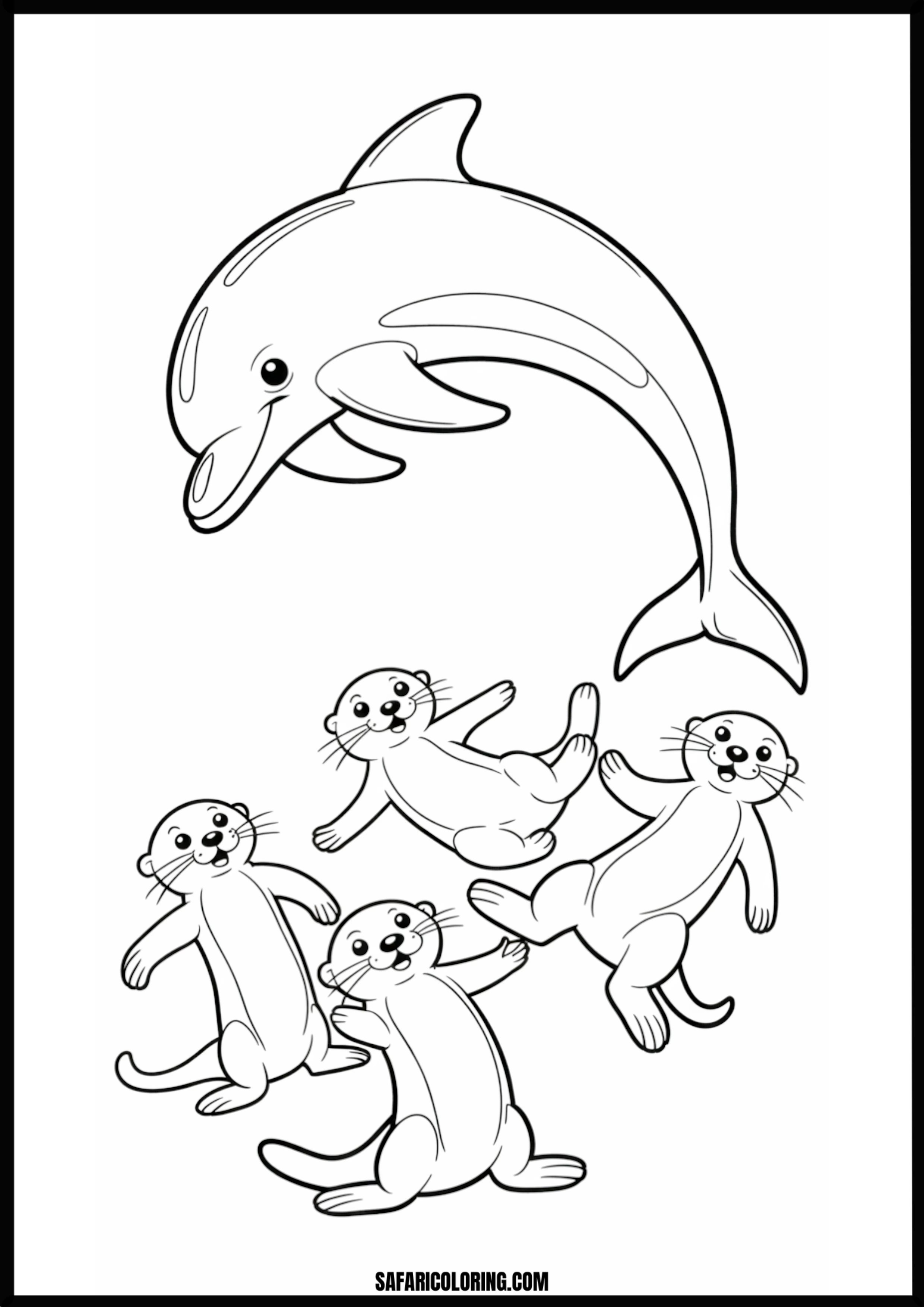 Smiling Dolphin and Otter Friends Coloring Smiling dolphin playing happily with otters