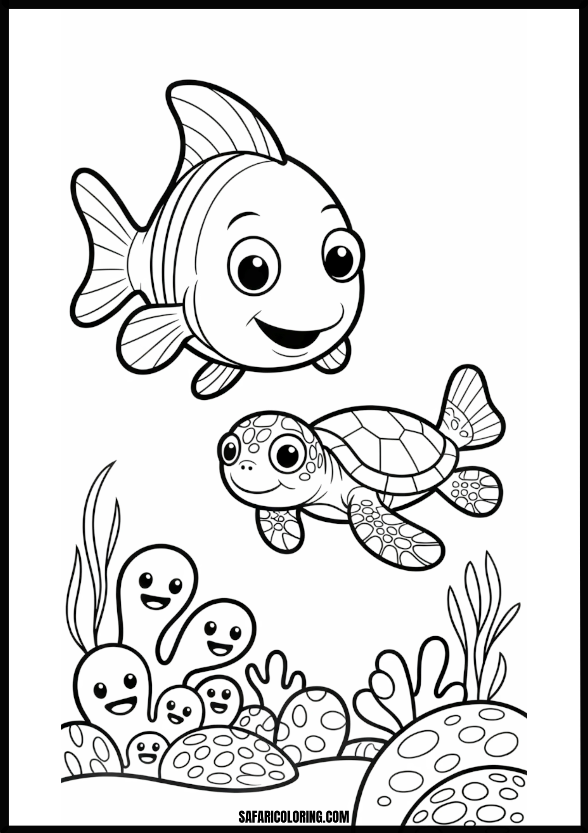 Smiling Fish, Turtle and Coral Coloring Page A smiling fish and a turtle swimming among colorful coral.