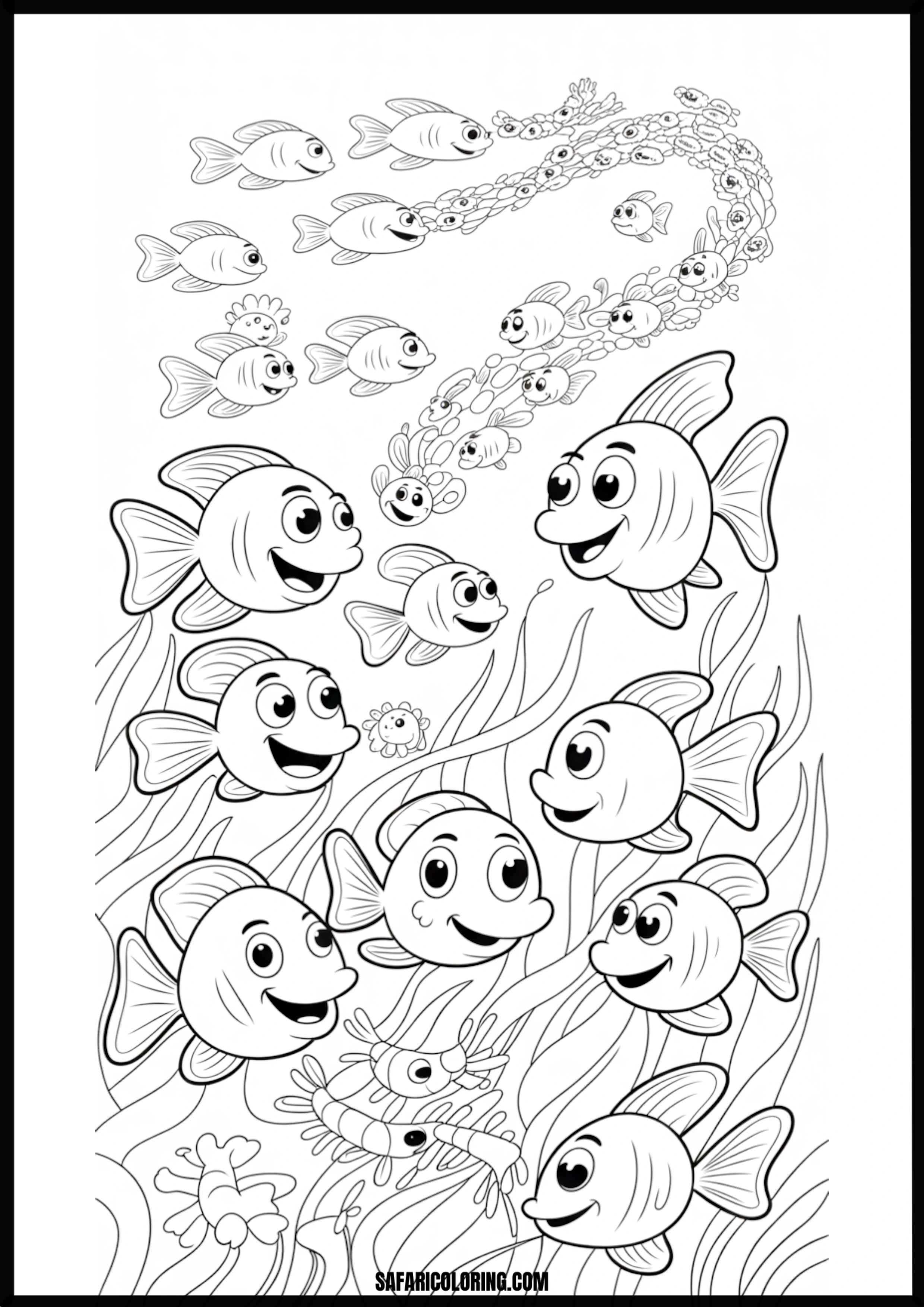 Smiling Fish Underwater Coloring Page A single, friendly smiling fish swimming underwater.