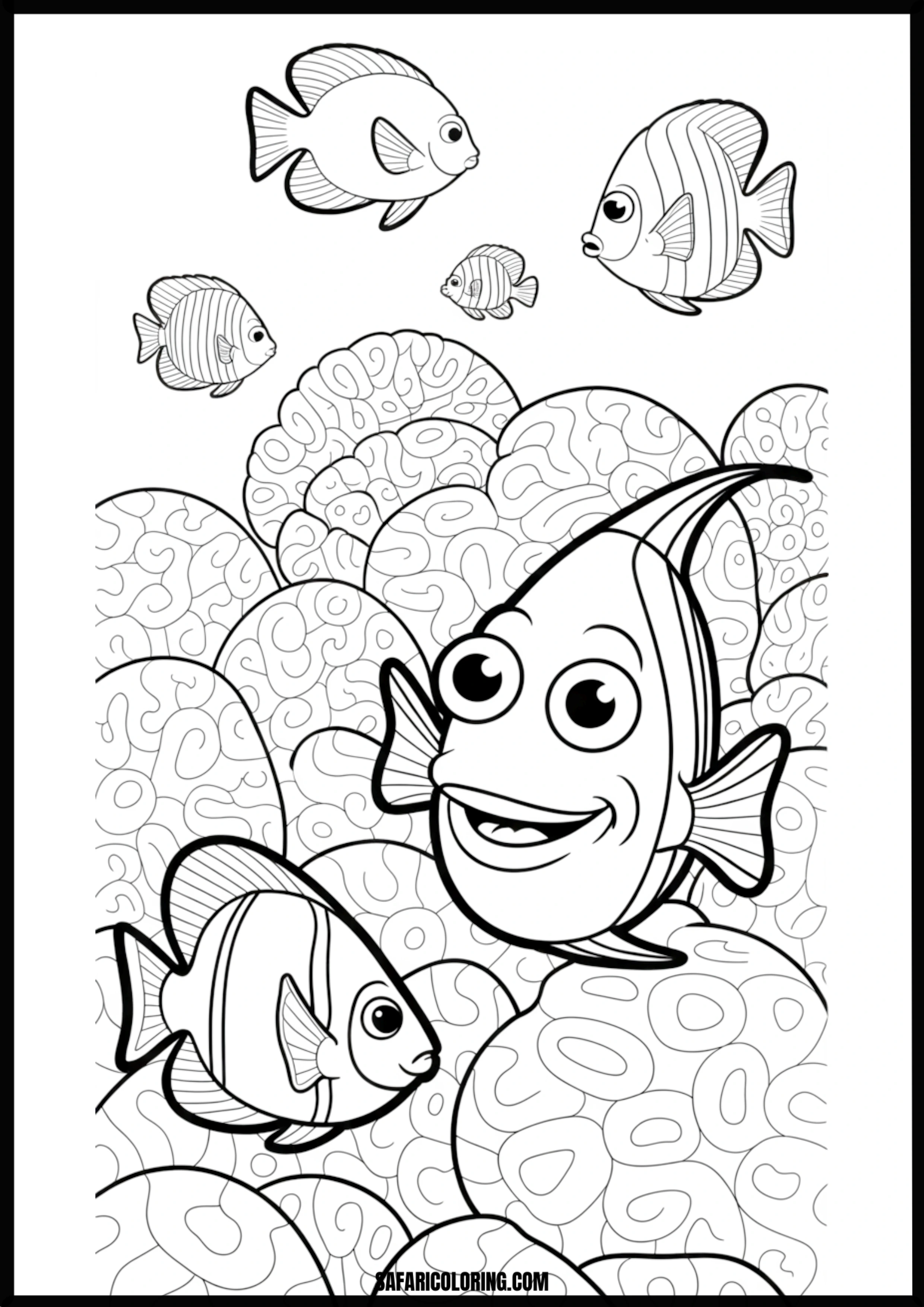 Smiling Fish Underwater Coloring Page A very happy, smiling fish swimming in the deep blue sea.