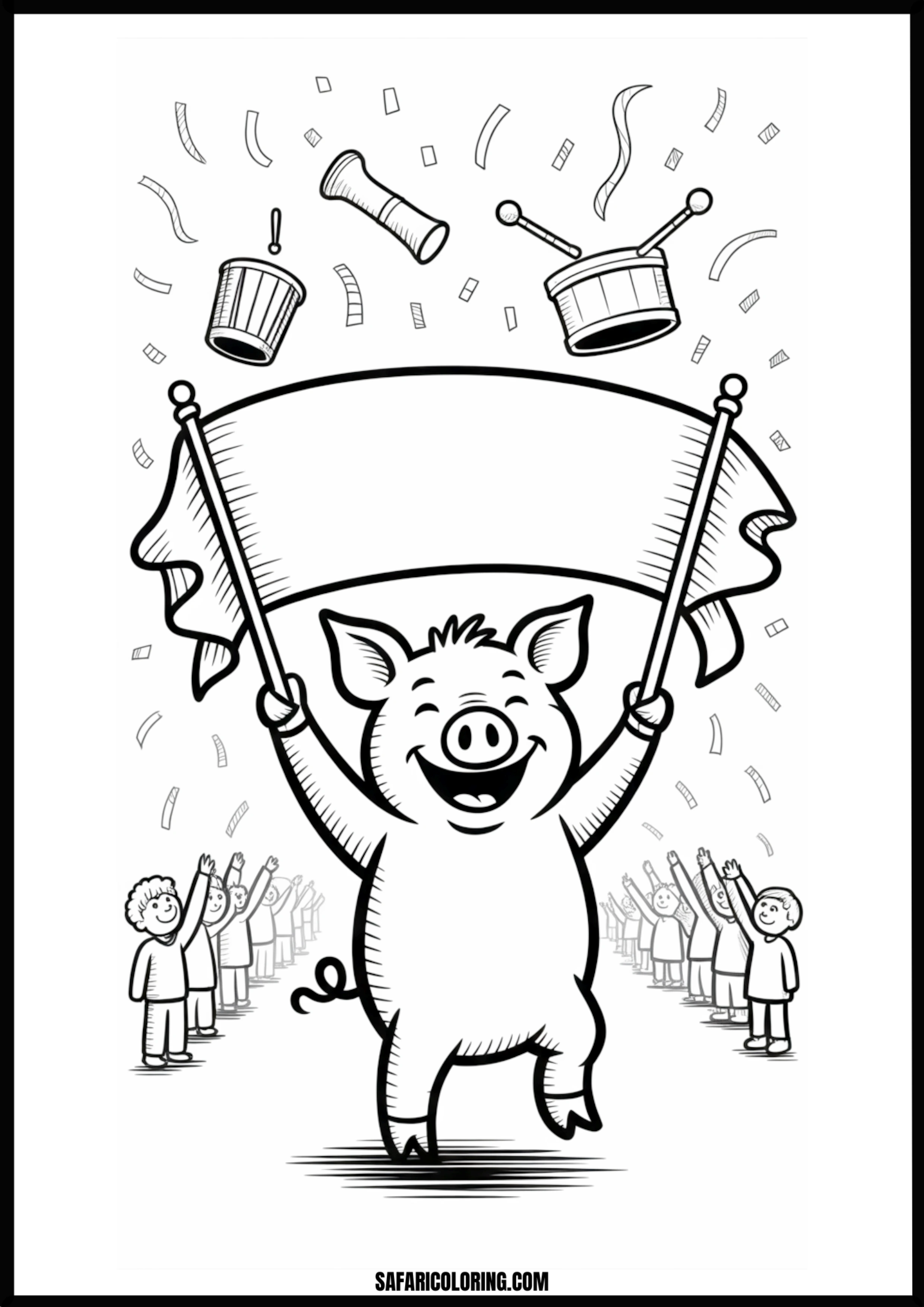 Smiling cartoon pig leading a festive parade holding a blank banner