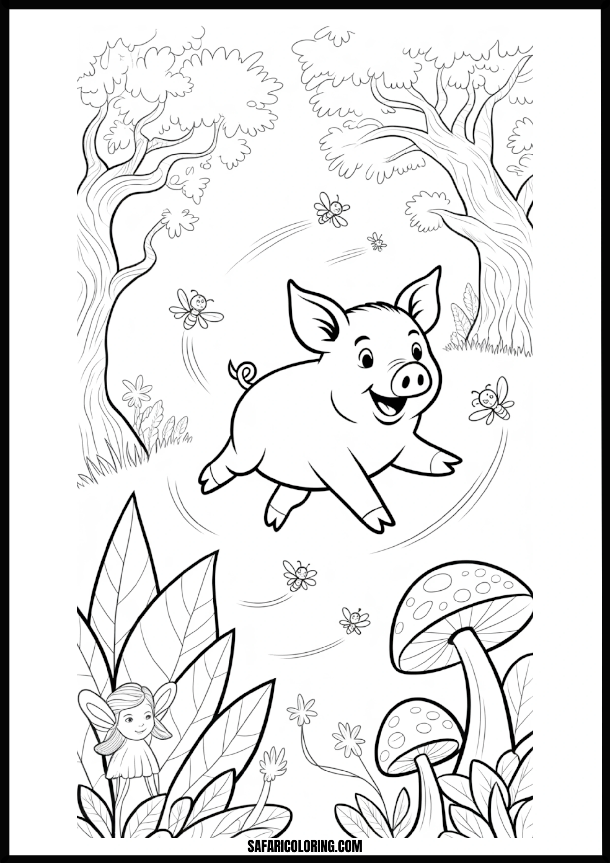 Smiling cartoon pig with a small fairy flying next to it in an enchanted forest