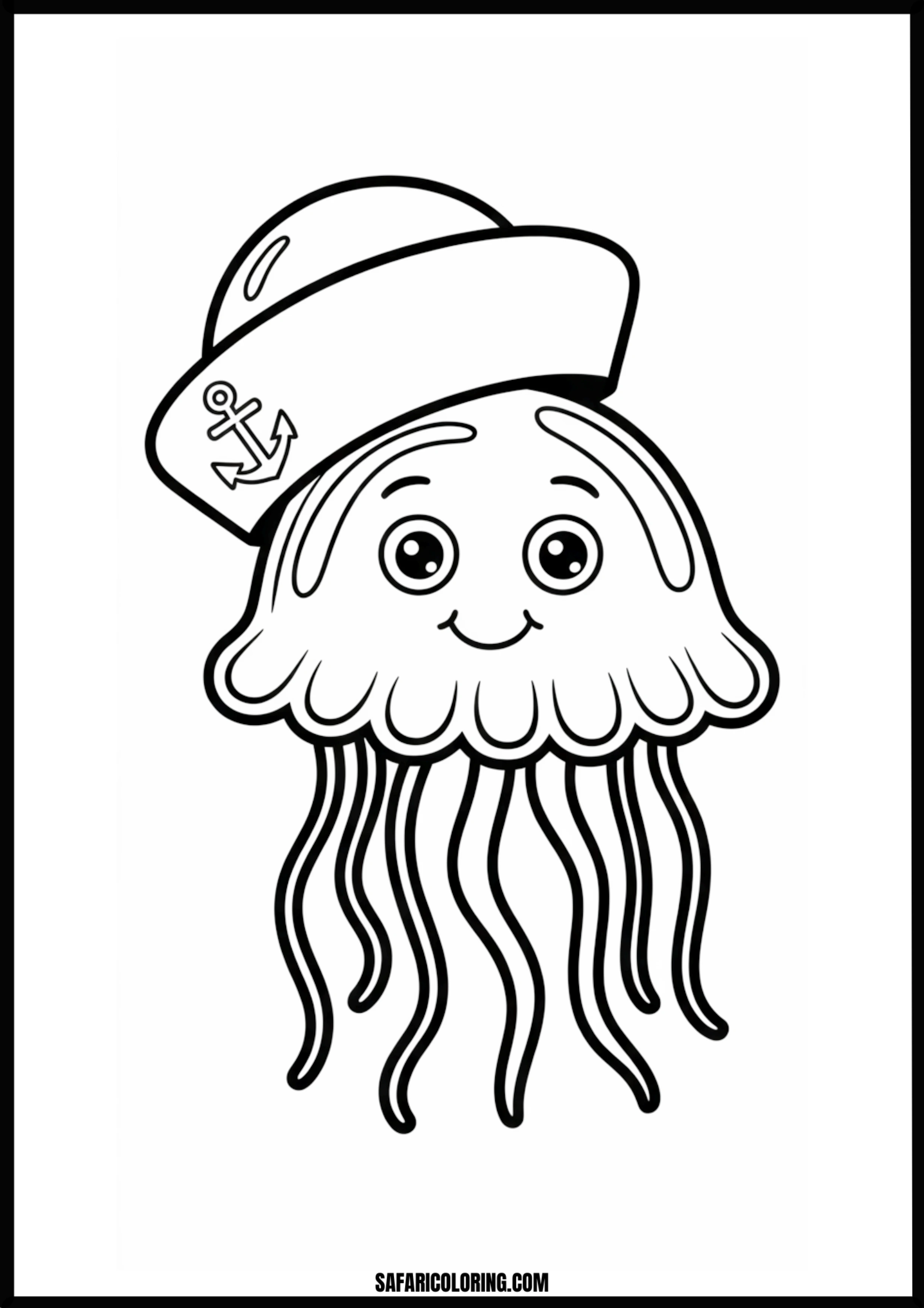Smiling Sailor Jellyfish Outline Coloring Page Smiling jellyfish wearing a sailor hat and collar, a cute outline.