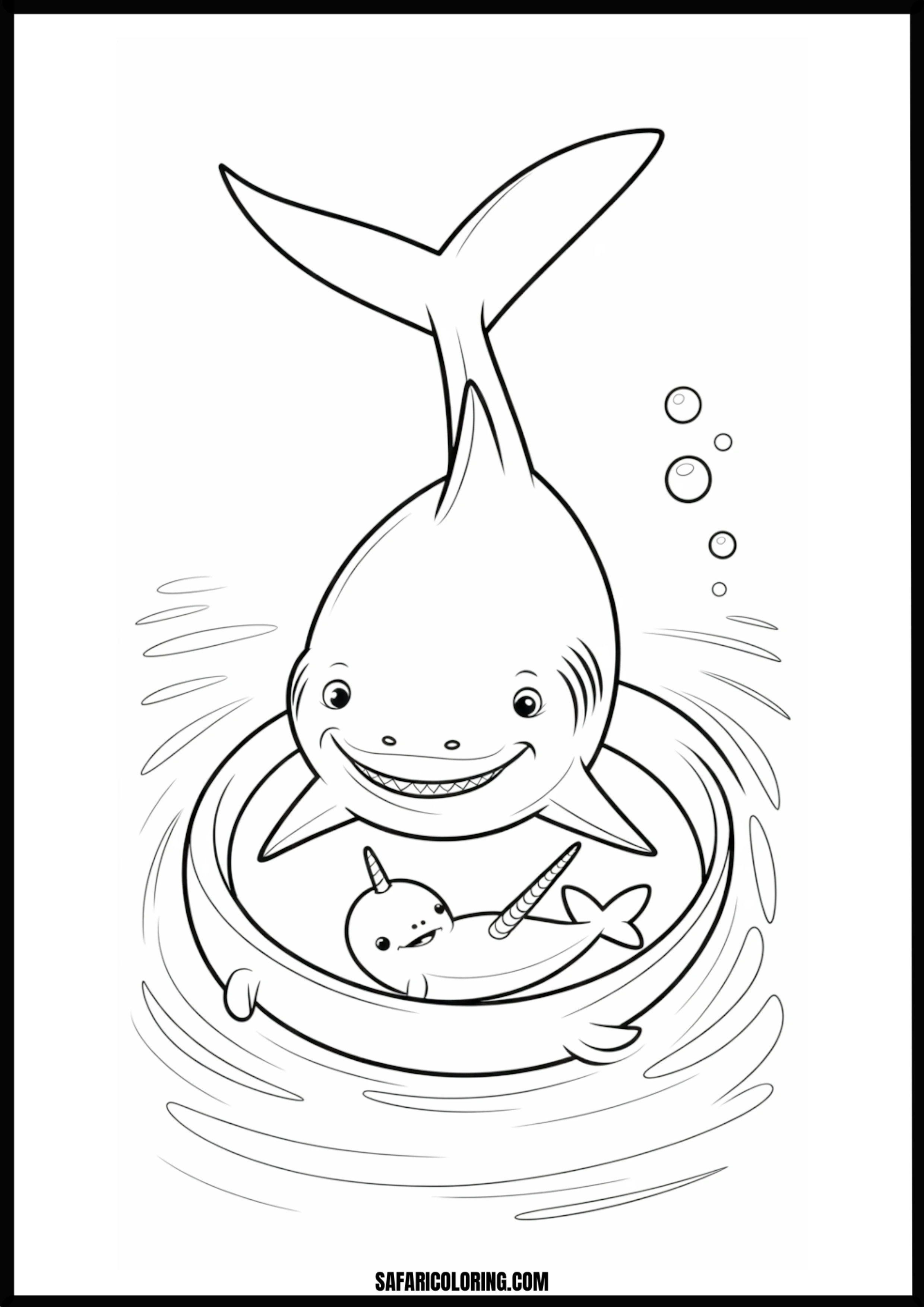 Smiling Shark and Narwhal Friends Coloring Page Smiling shark and narwhal friends