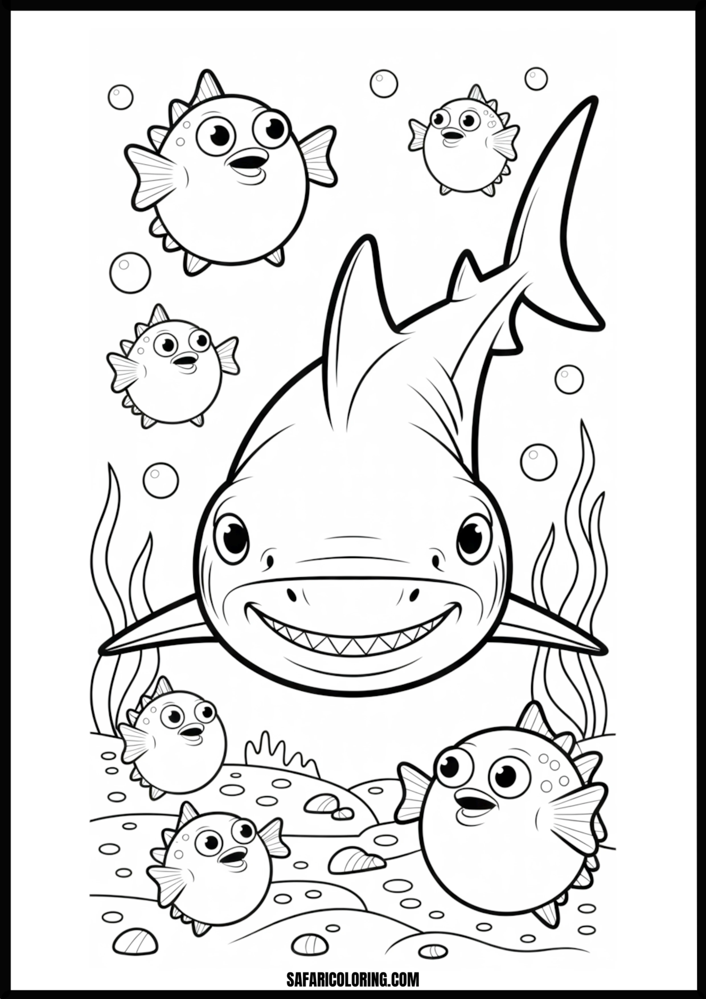 Smiling Shark and Pufferfish Coloring Page Smiling shark and pufferfish friends