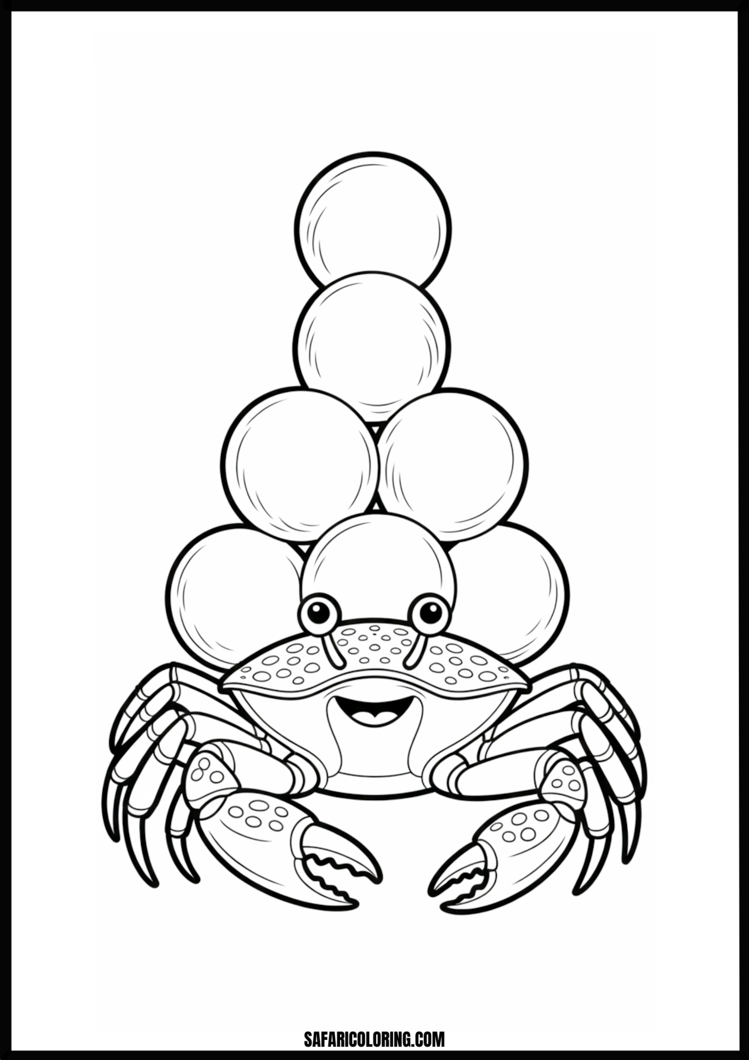 Crab's Balancing Act A smiling crab balancing a stack of several spheres or balls.