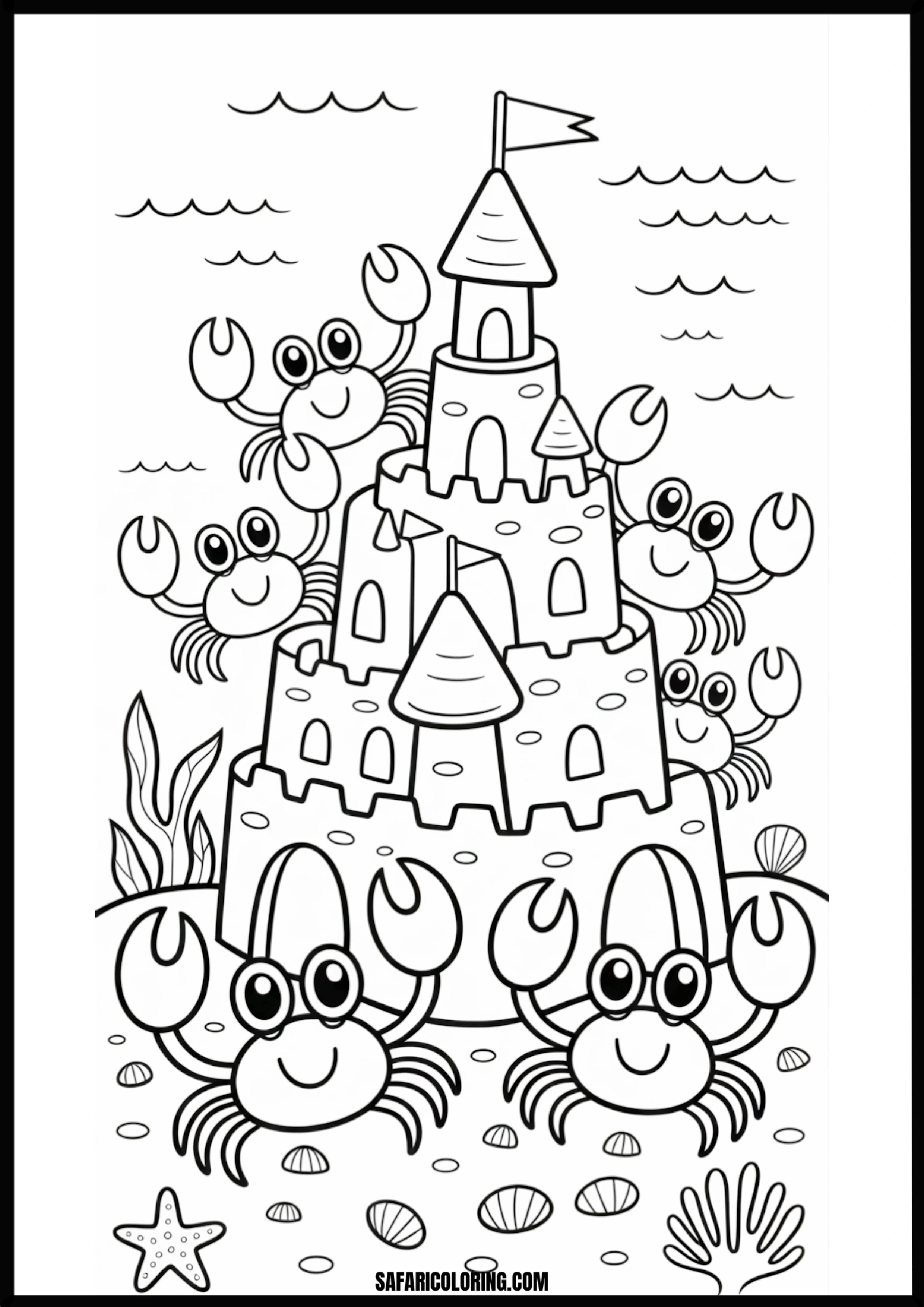 Smiling Crabs Playing Around a Sandcastle Coloring Page Two smiling crabs playing around a detailed sandcastle on the beach.