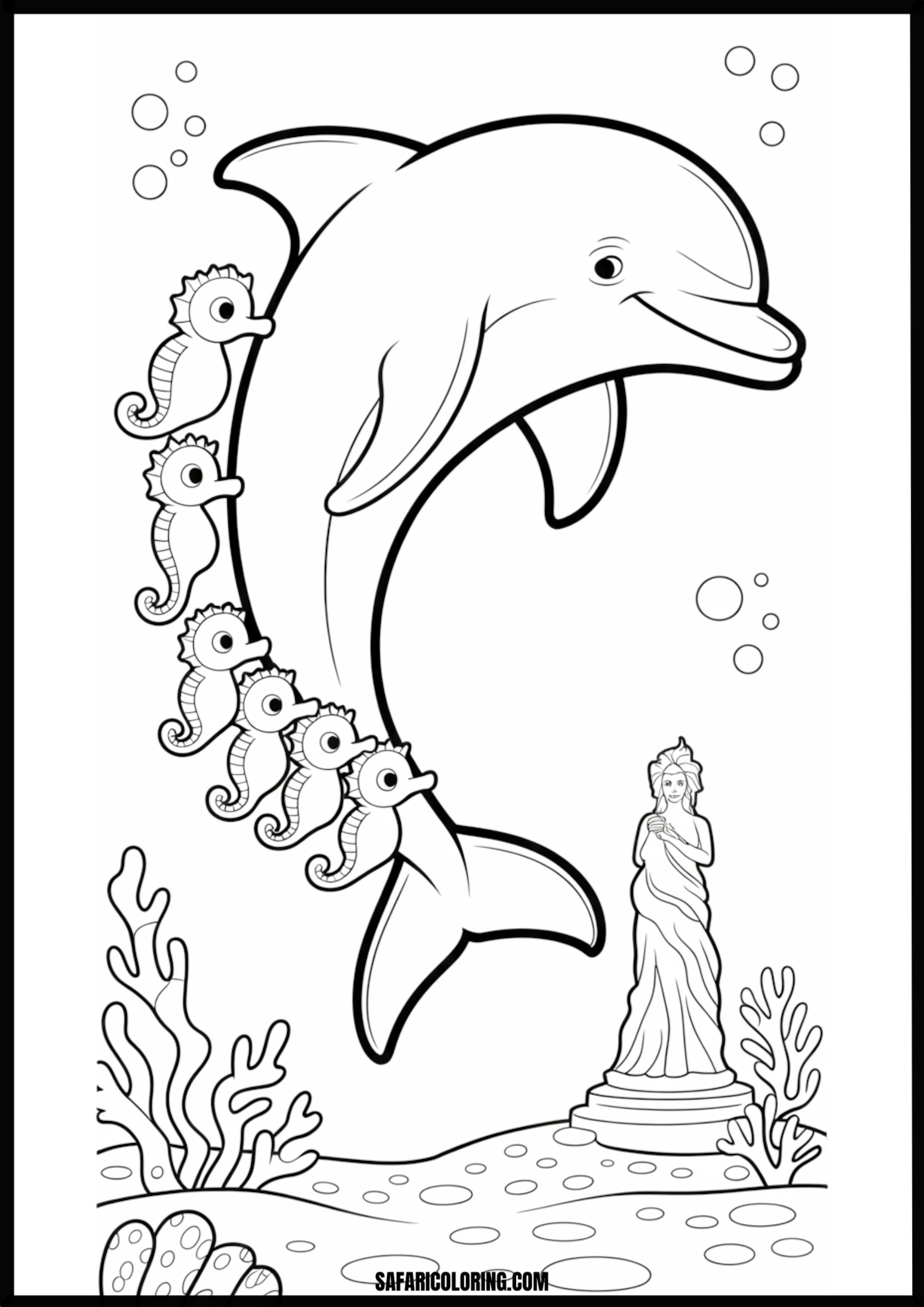 Dolphin Leads Seahorse Parade Coloring Smiling dolphin leading a seahorse parade near an underwater statue