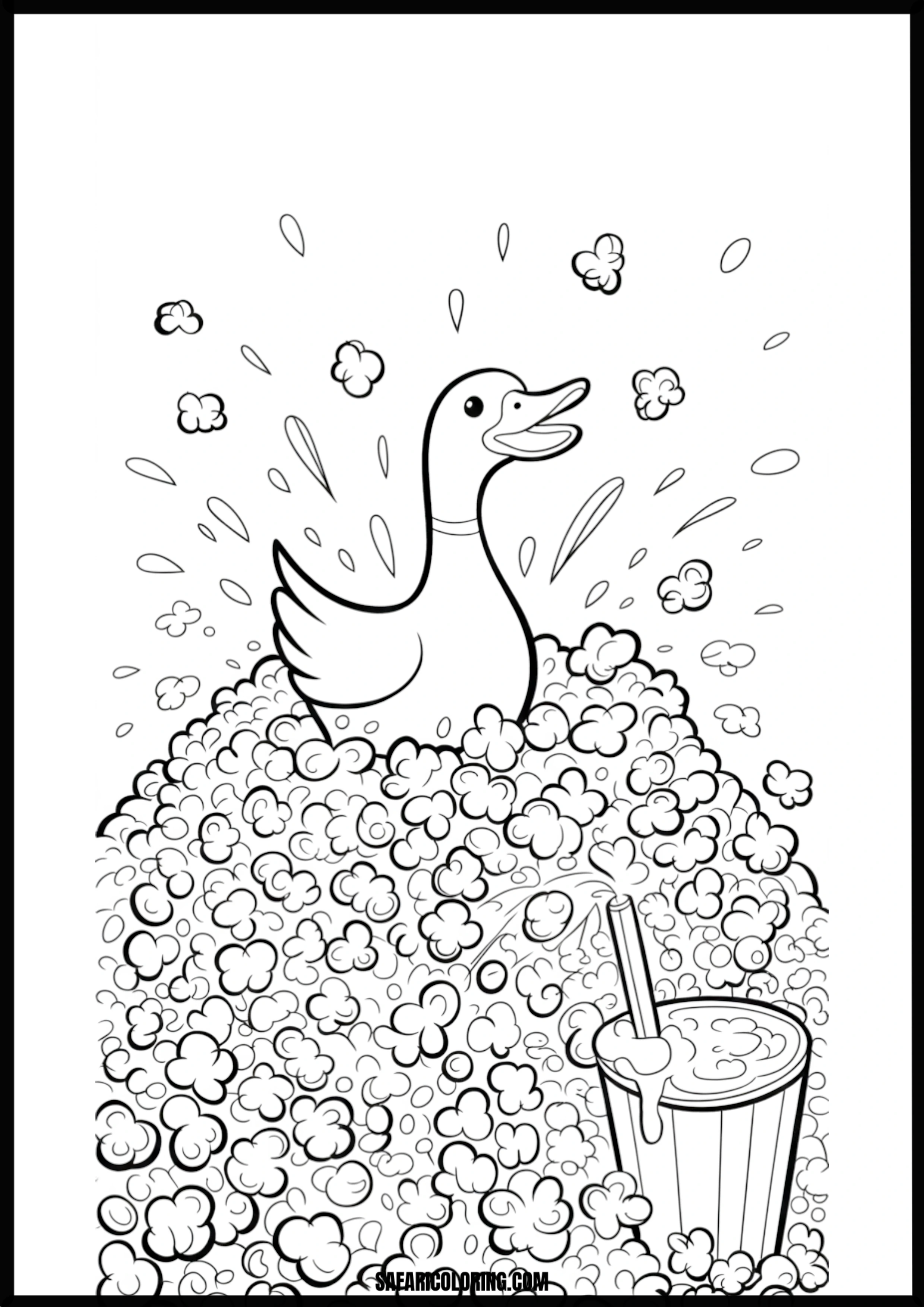 Smiling duck in a bath full of popcorn.