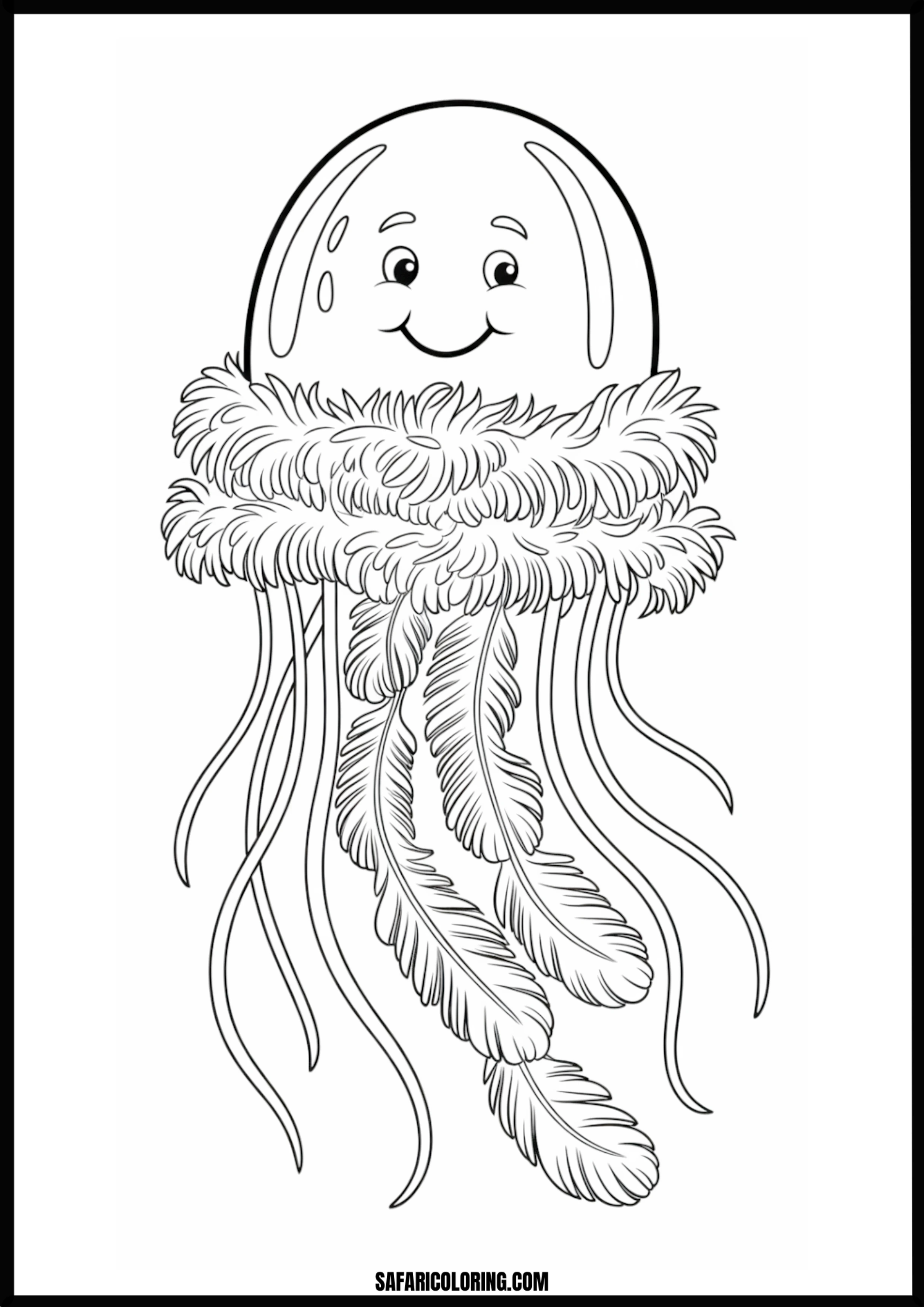 Smiling Jellyfish with Feathery Tentacles Coloring Page Happy jellyfish with unique feathery tentacles.