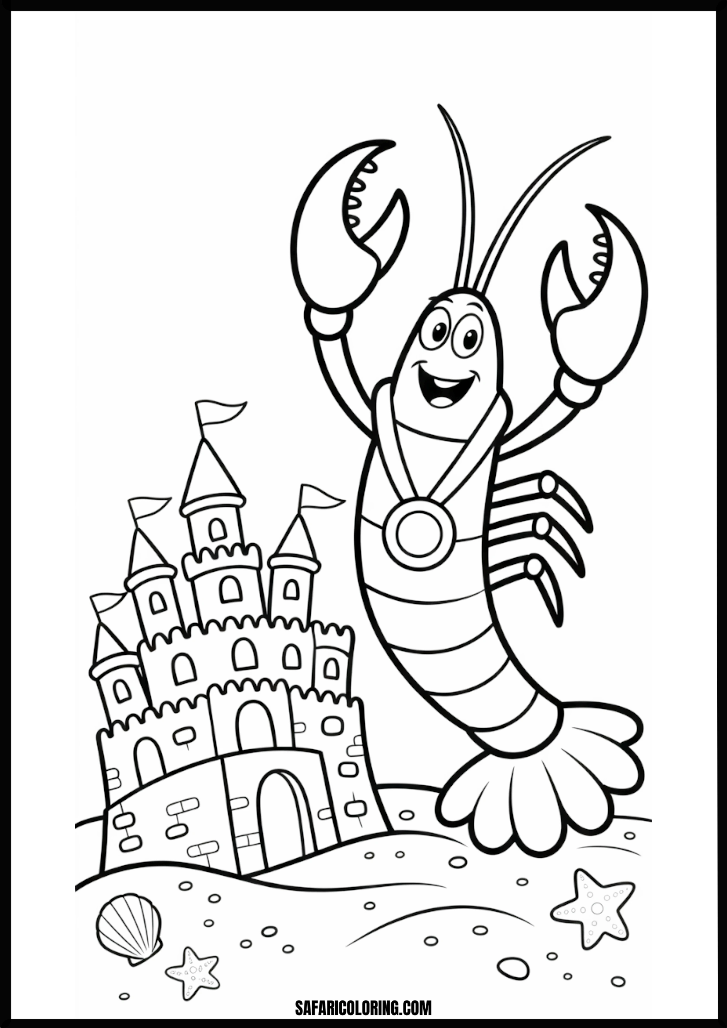 Color the Smiling Lobster and Sandcastle A smiling lobster and a sandcastle on the beach.