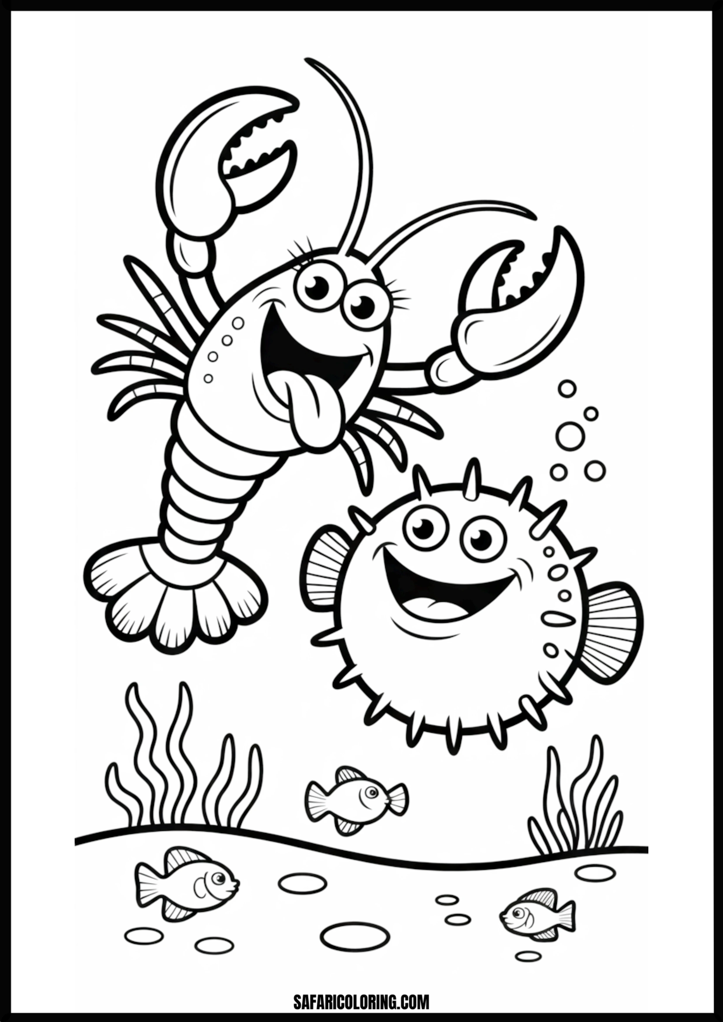 Printable Smiling Lobster Pufferfish and Fish Underwater Coloring Sheet A smiling lobster, pufferfish, and fish underwater.