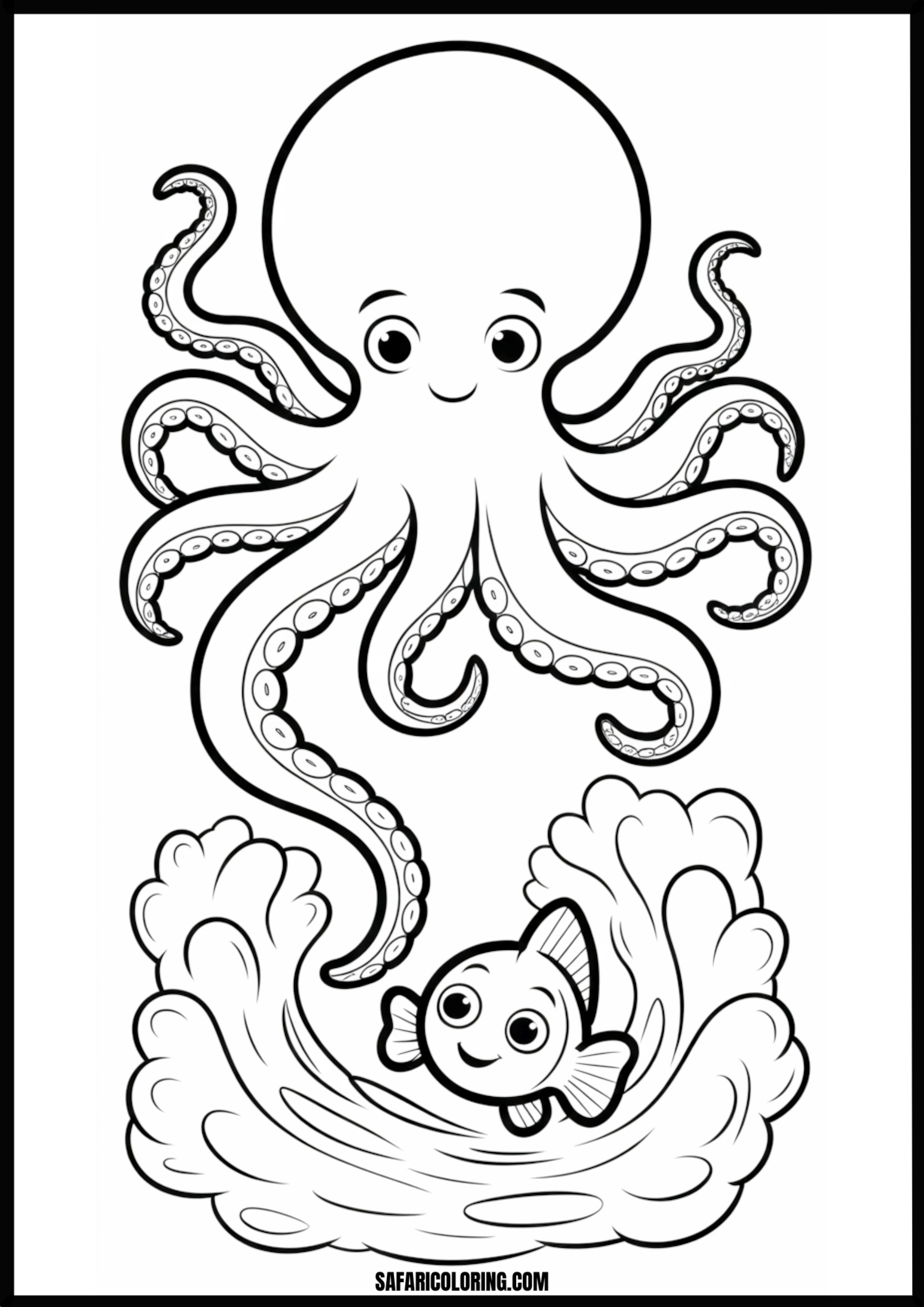 Smiling Octopus & Fish Waves Printable Coloring Sheet An outline drawing of a octopus fish waving for coloring.