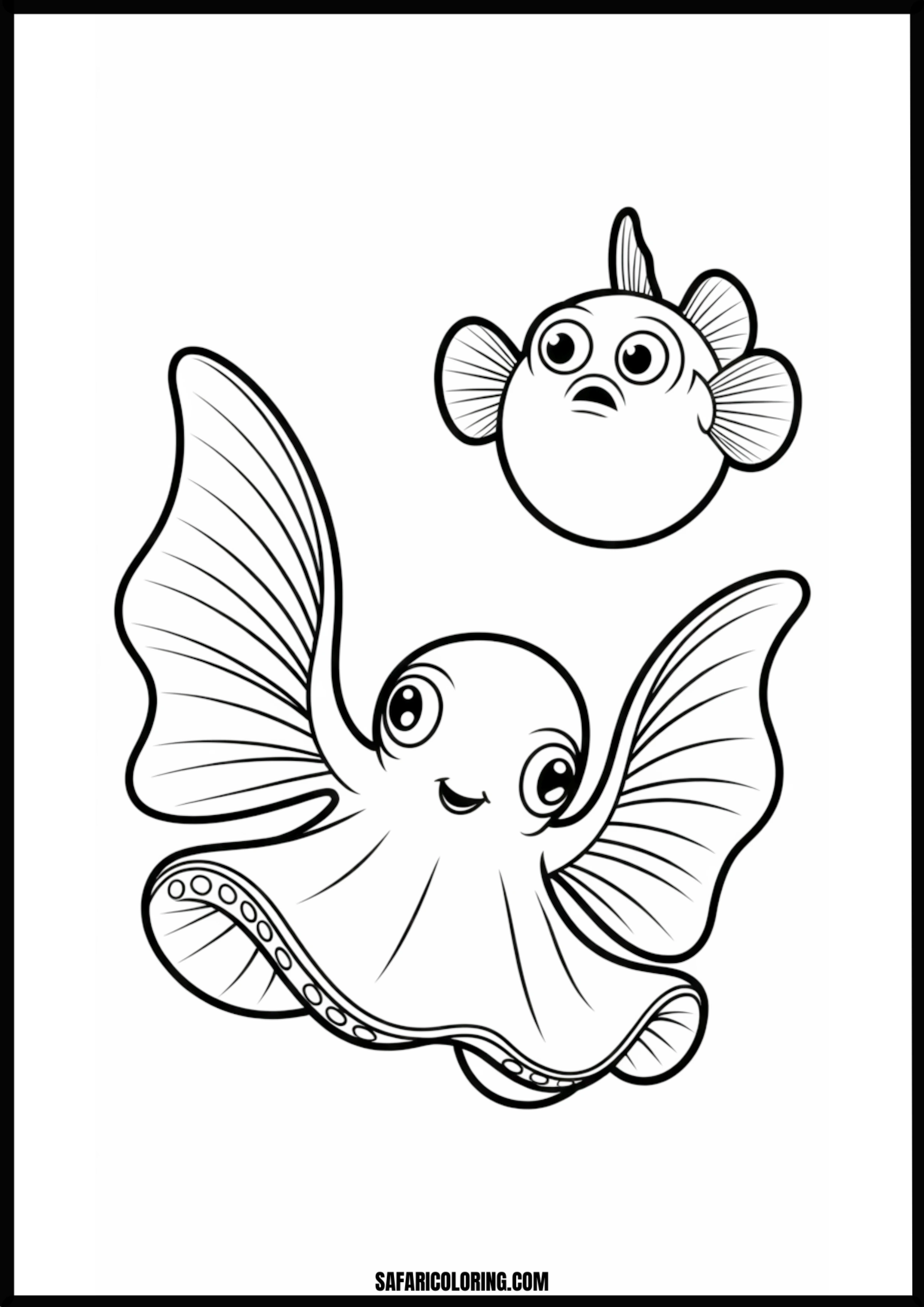 Smiling Octopus & Round Fish Outline Printable Coloring Sheet An outline drawing of a octopus fish for coloring.