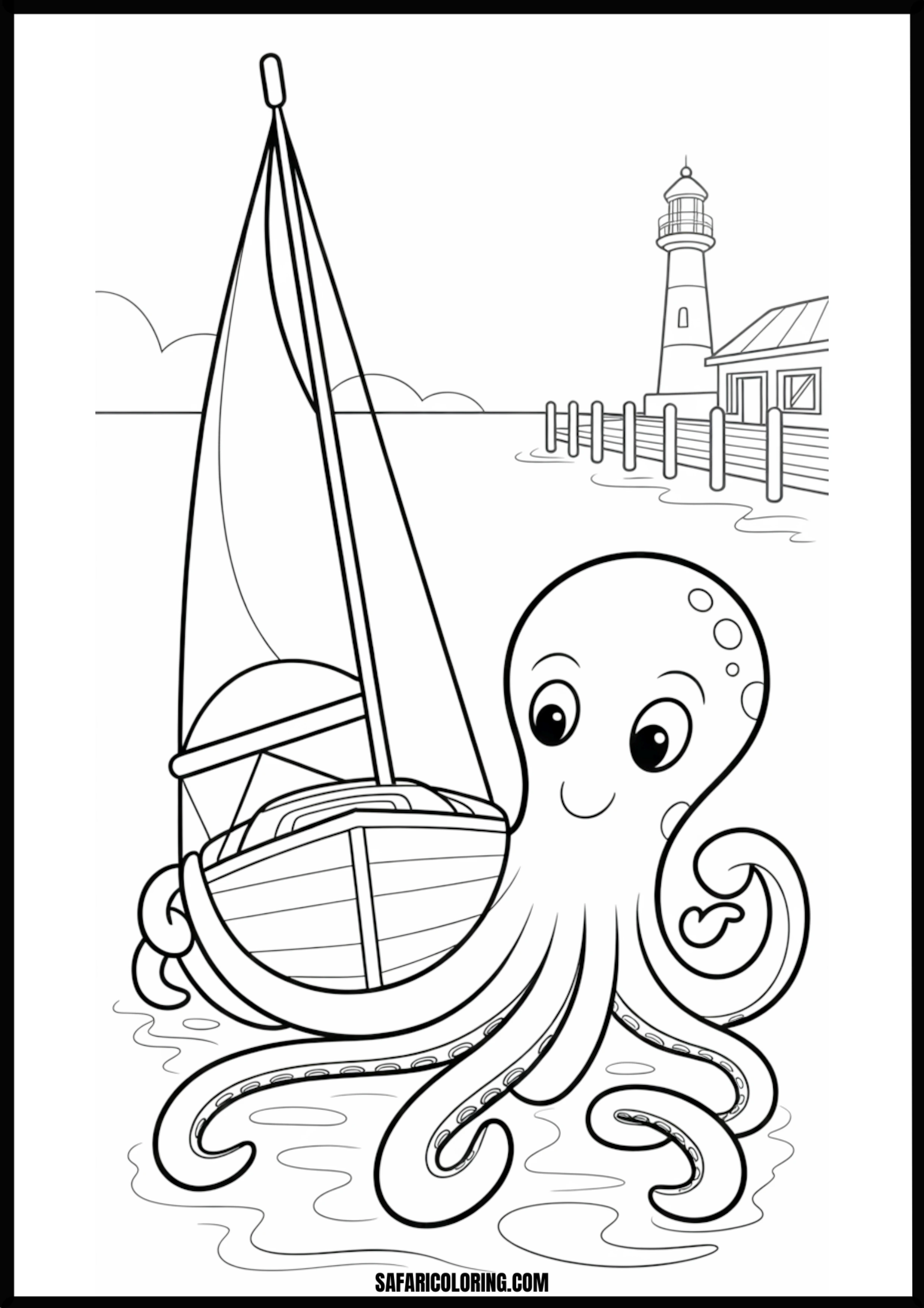 Smiling Octopus Holds Sailboat Near Lighthouse Dock Printable Coloring Sheet An outline drawing of a octopus for coloring.